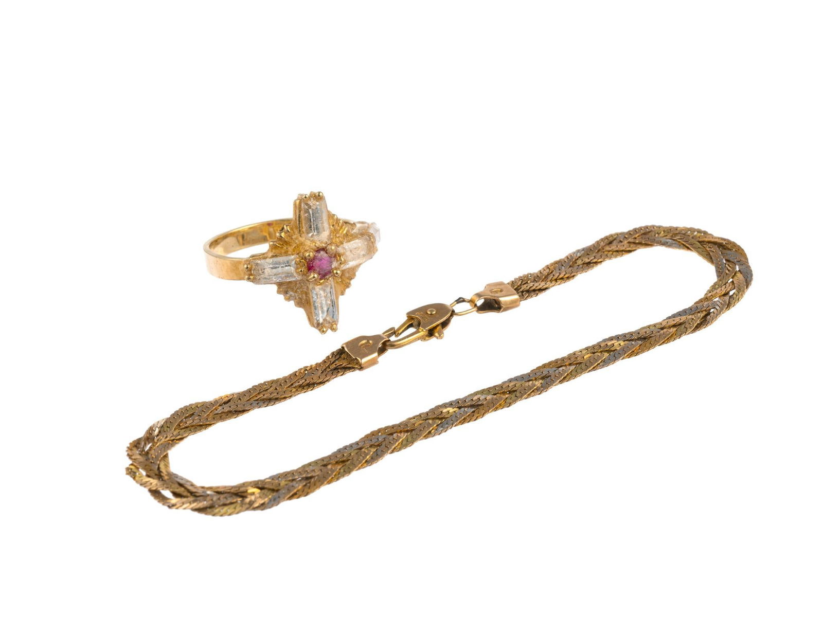 14K and 10K Gold: A 10k ring with an epoxy overlayer on the top, 3.4 grams, and a 14k chain bracelet with twist damage, 4.3 grams.