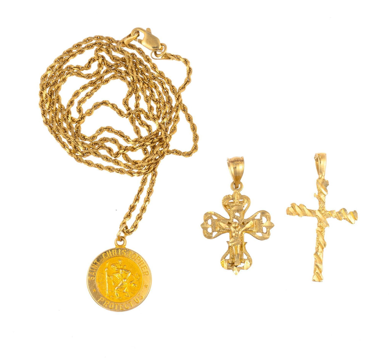 14K Gold Chain Necklace and Pendants: One 24" twist rope chain in 14k yellow gold with 14k yellow gold religious pendant. T?wo 10k gold cross pendants. 14k gold weight is 6.0 grams. 10k gold weight is 2.8 grams.
