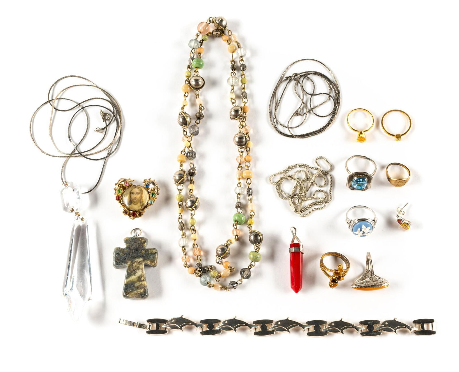 Antique Vintage Jewelry with Sterling Silver: One bracelet with dolphin shapes is unmarked but tests as sterling silver and weighs 0.9 troy ounces.