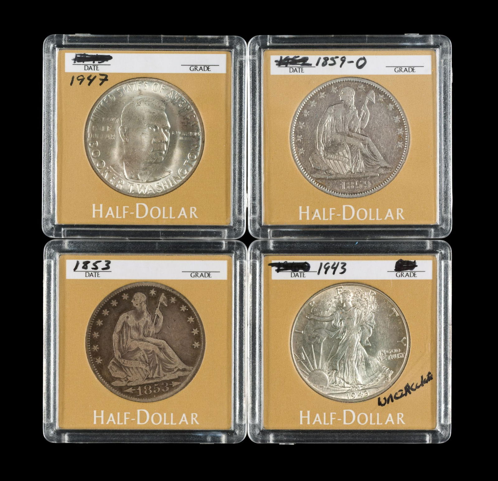 Silver Half Dollars Including Seated And Walking Liberty Booker T Washington: 1946 Booker T Washington approximately MS-63, mint state surfaces. 1943 Walking Liberty approximately MS-63. 1853 Arrows Seated Half, circulated. 1859-O Seated Half, circulated.