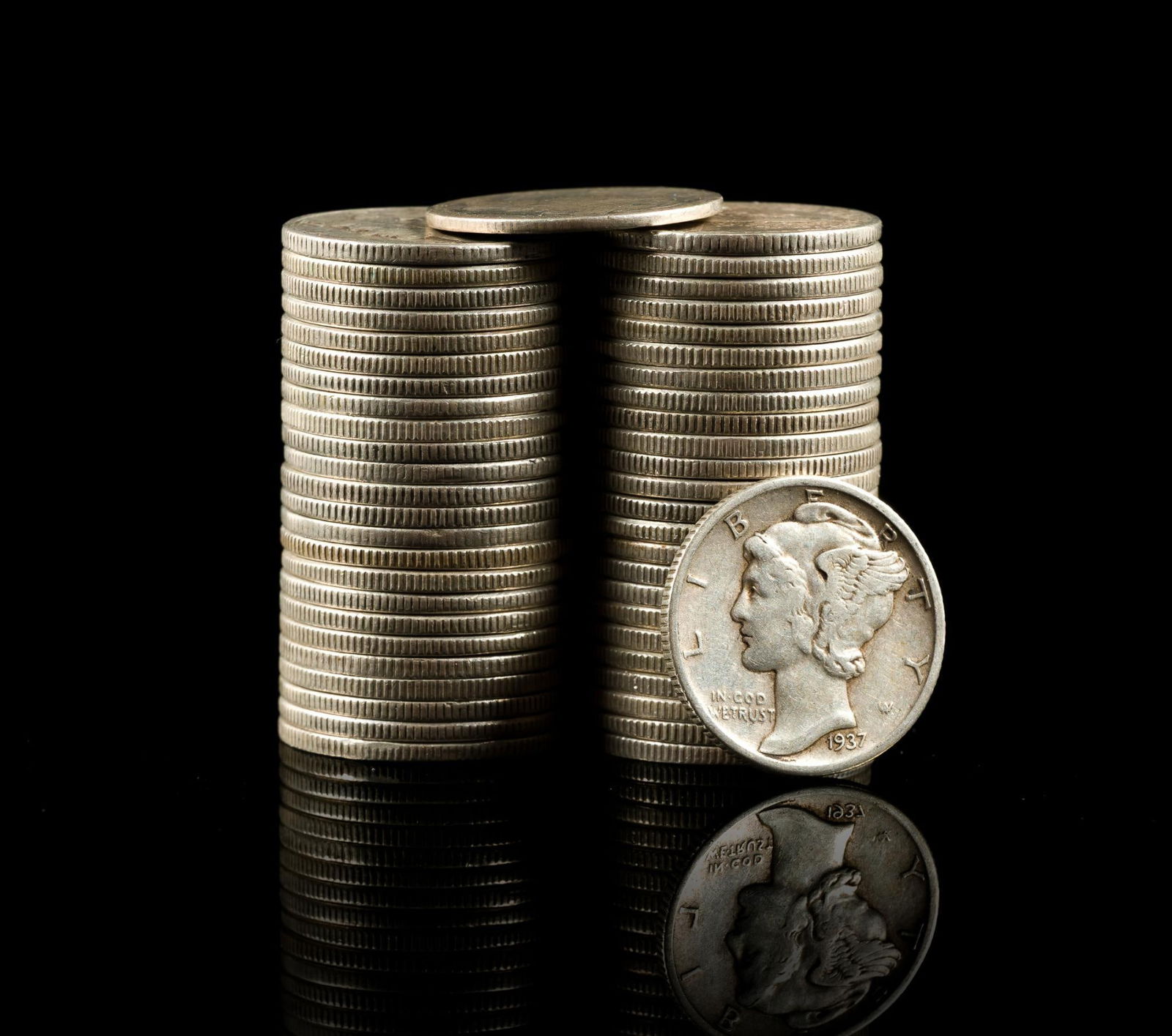 Fifty Silver Mercury Dimes: Mostly later dates in better grades.