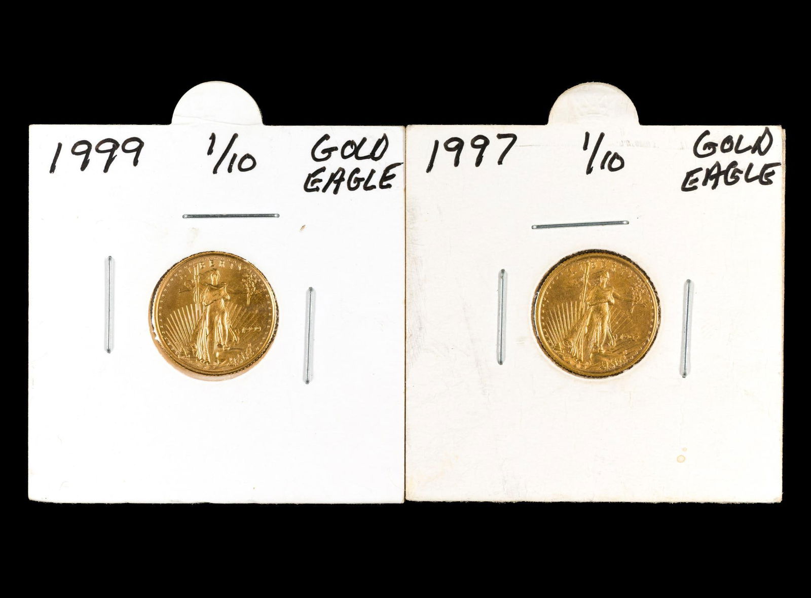 Two Five Dollar One Tenth Ounce American Eagle Gold Coins: 1/10th ounce coins are 1997 and 1999. Uncirculated.