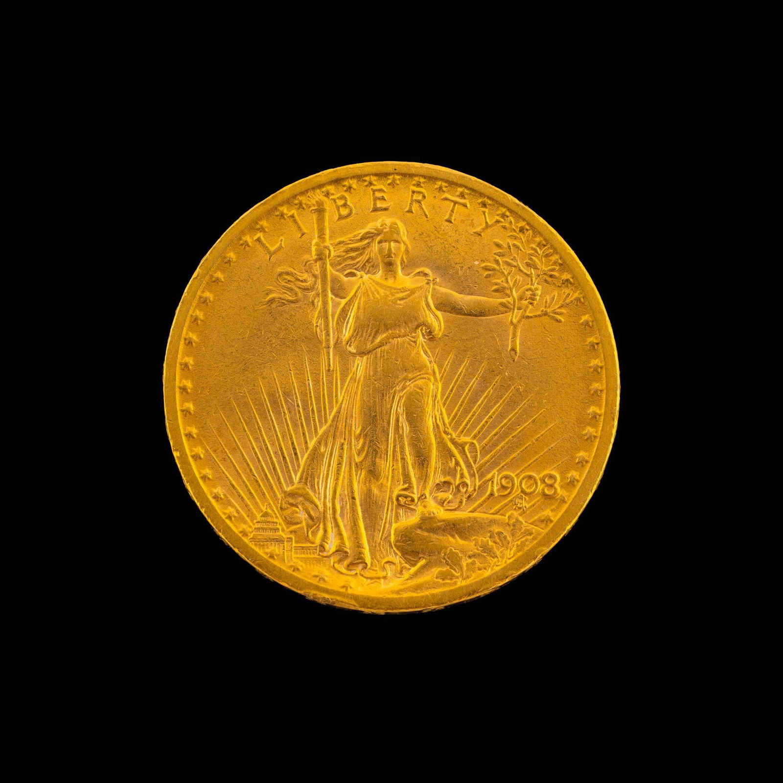 1908 Twenty Dollar Gold St. Gaudens Coin: $20 Double Eagle no motto 1908 in XF to Au condition with original surfaces, not past cleaned.