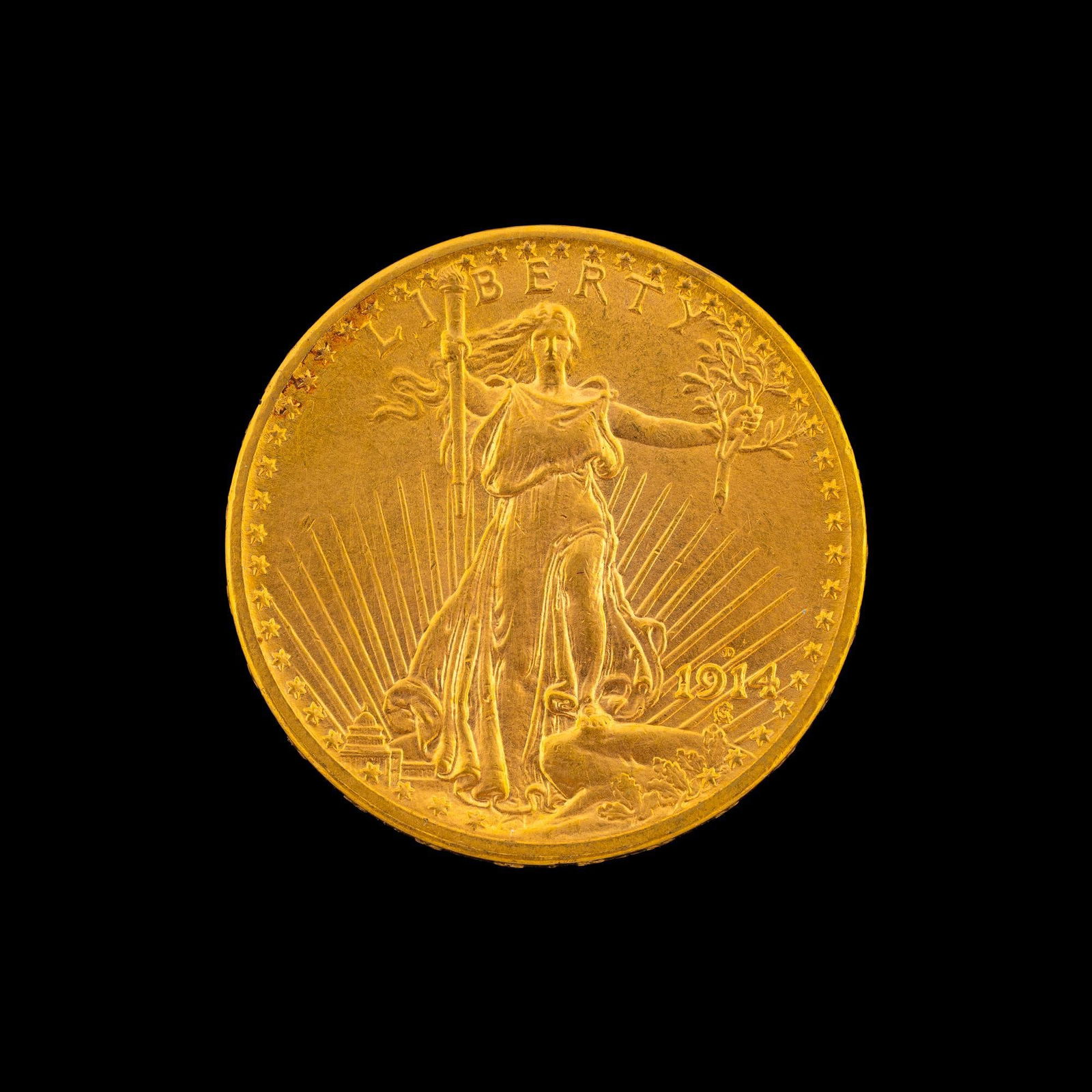 1914-D Twenty Dollar Gold St. Gaudens Coin: $20 Double Eagle no motto 1914-D in XF to Au condition with original surfaces, some hairlines noted to the obverse.