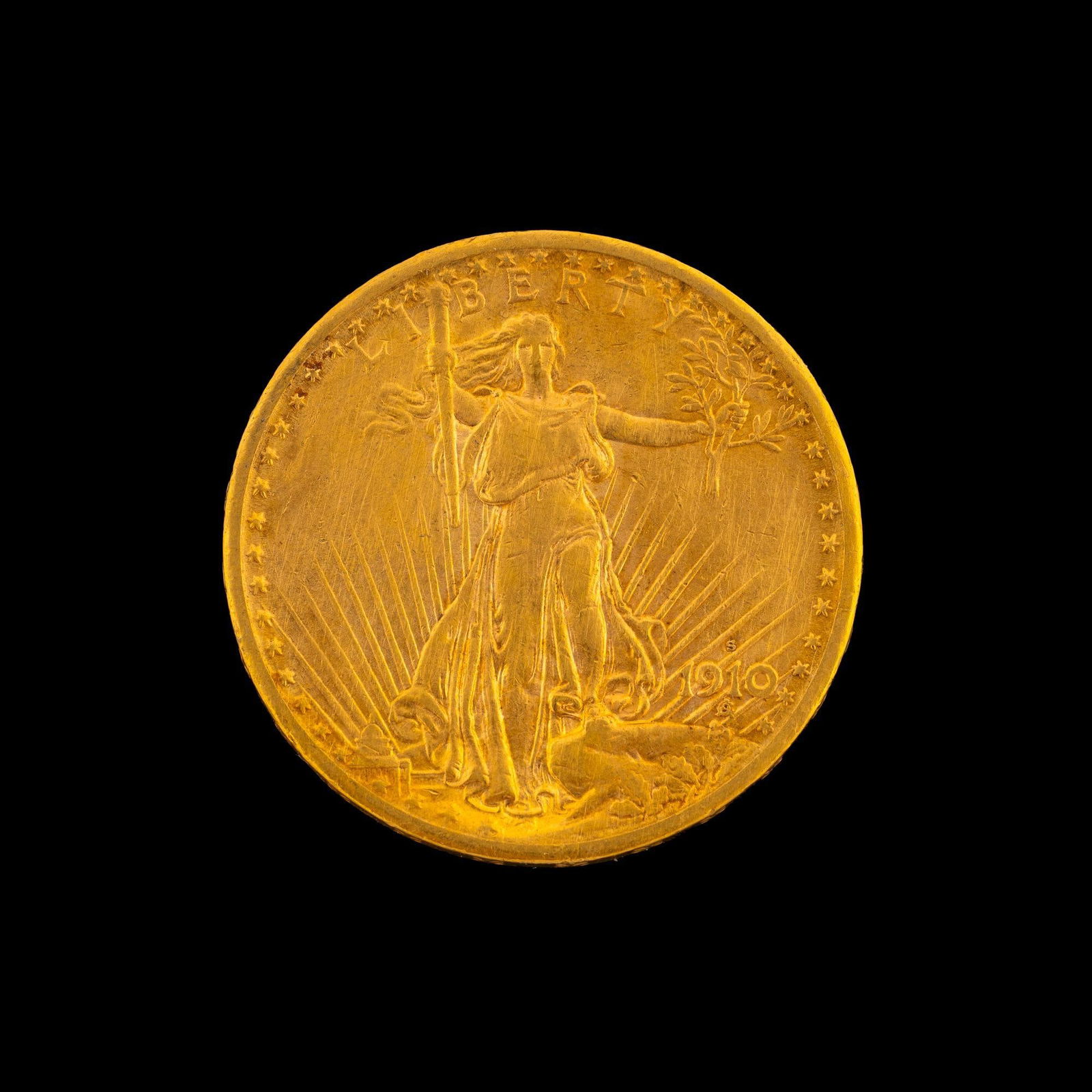 1910-S Twenty Dollar Gold St. Gaudens Coin: A $20 Double Eagle with original mint luster and with obverse hairlines. XF details..