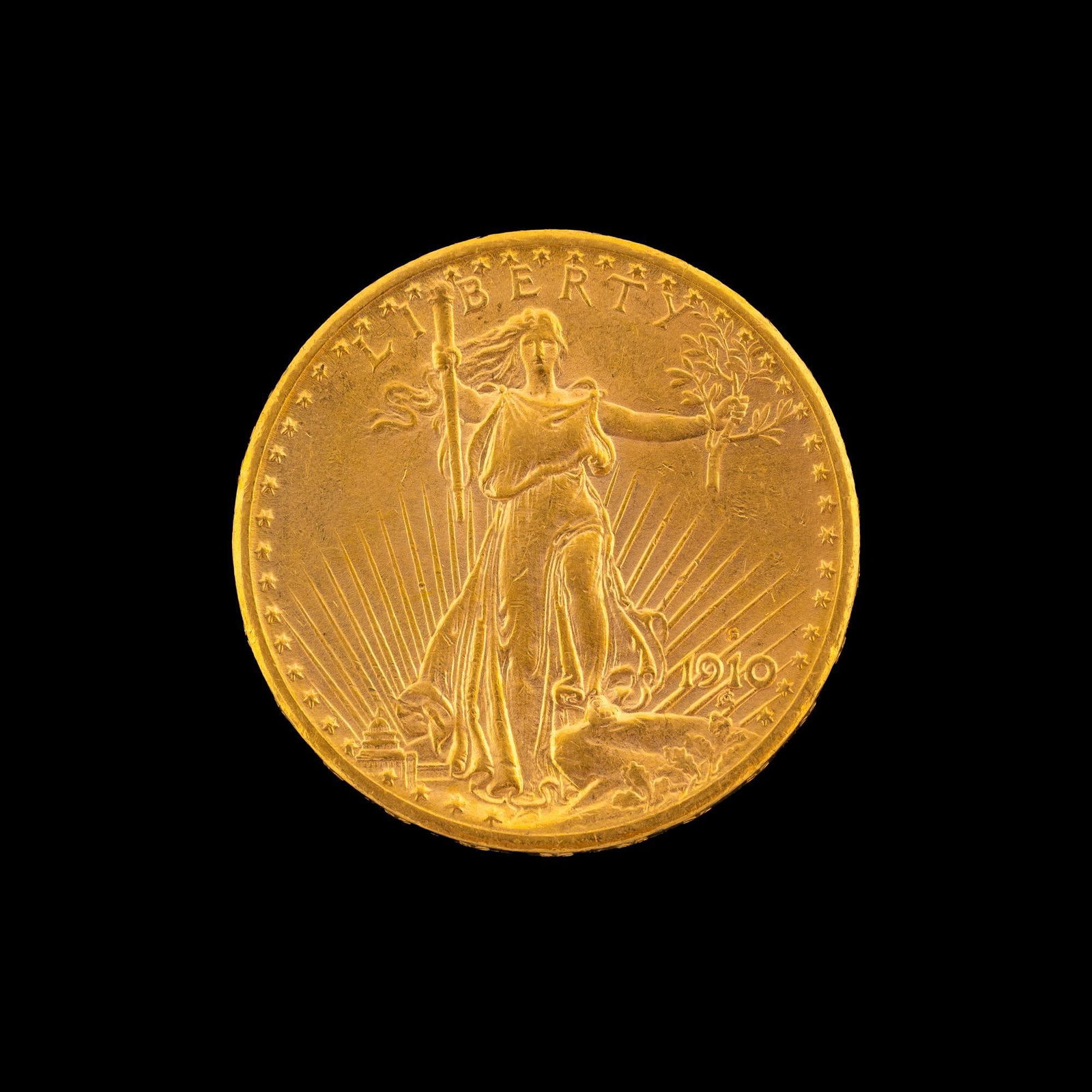 1910-S Twenty Dollar Gold St. Gaudens Coin: A $20 Double Eagle with good surfaces, original mint luster and grading AU.