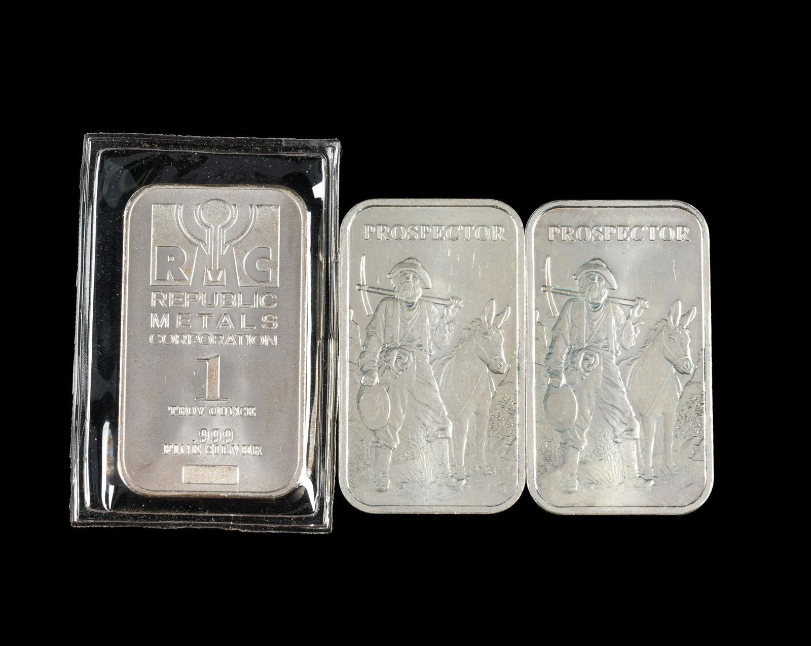 Three Silver One Ounce Bars: Two Prospector bars and one Republic Metals. Each pure silver one ounce.