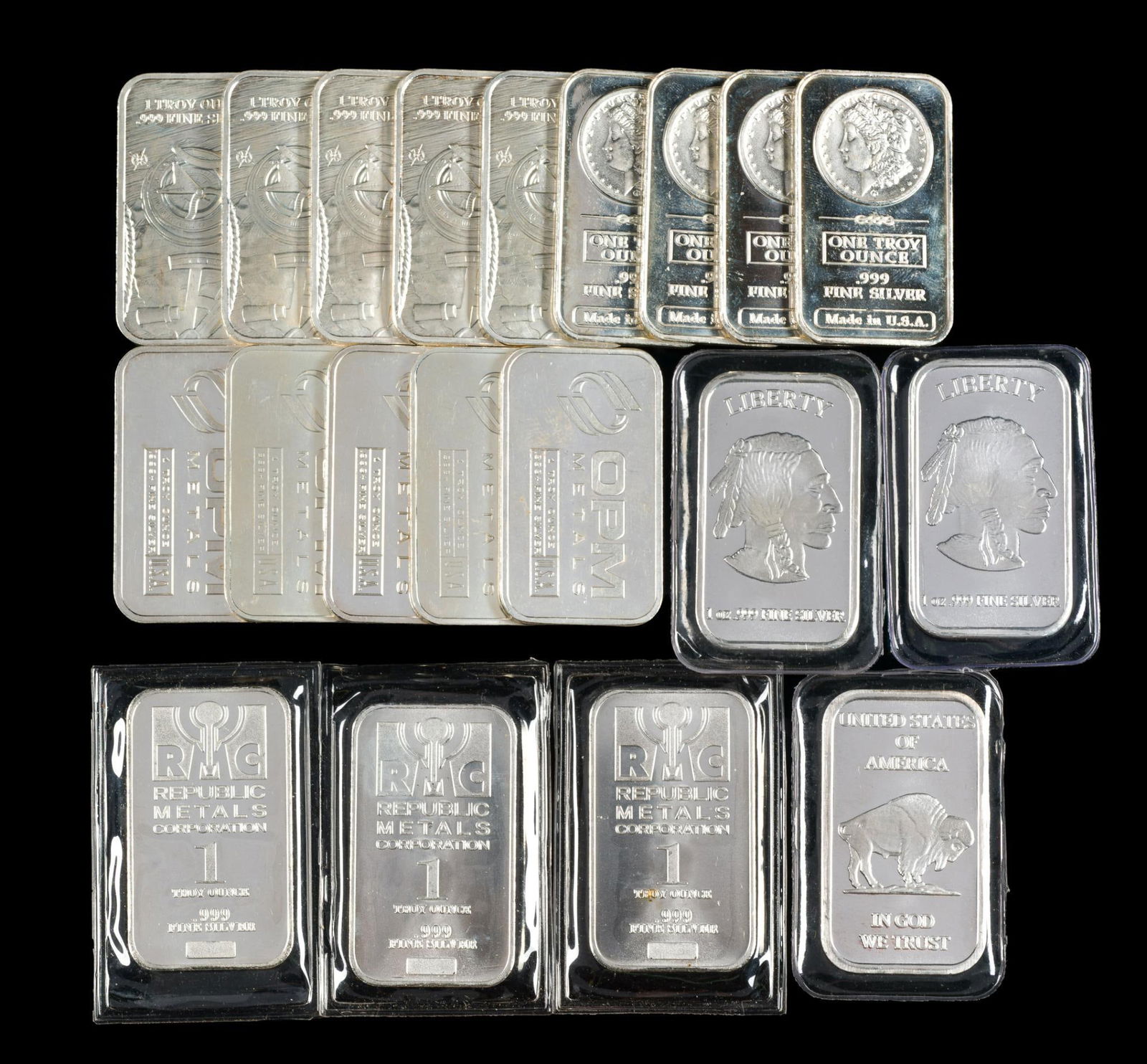 Twenty Silver One Ounce Bars: Morgan Dollar Image, Indian Head, Republic Metals, OPM Metals, Prospector. Each pure silver one ounce.