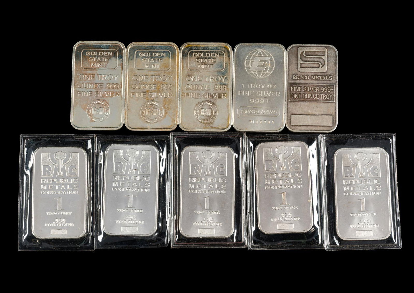 Ten Silver One Ounce Bars: Golden State Mint, Republic Metals, Repco Metals, Engelhard. Each pure silver one ounce.