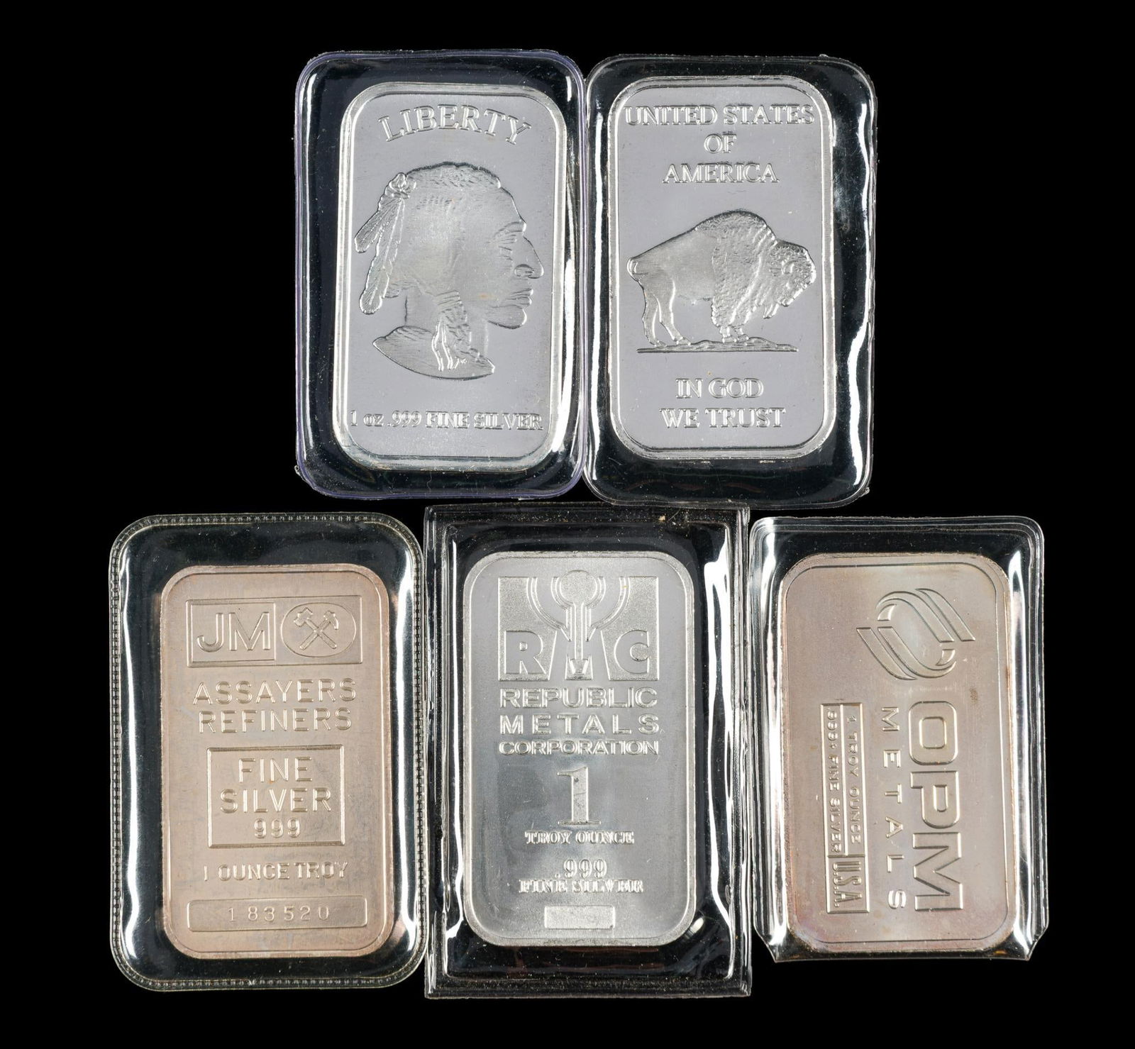 Five Silver One Ounce Bars: OPM Metals, Indian Head, JM Assayers Refiners, Republic Metals. Each pure silver one ounce.