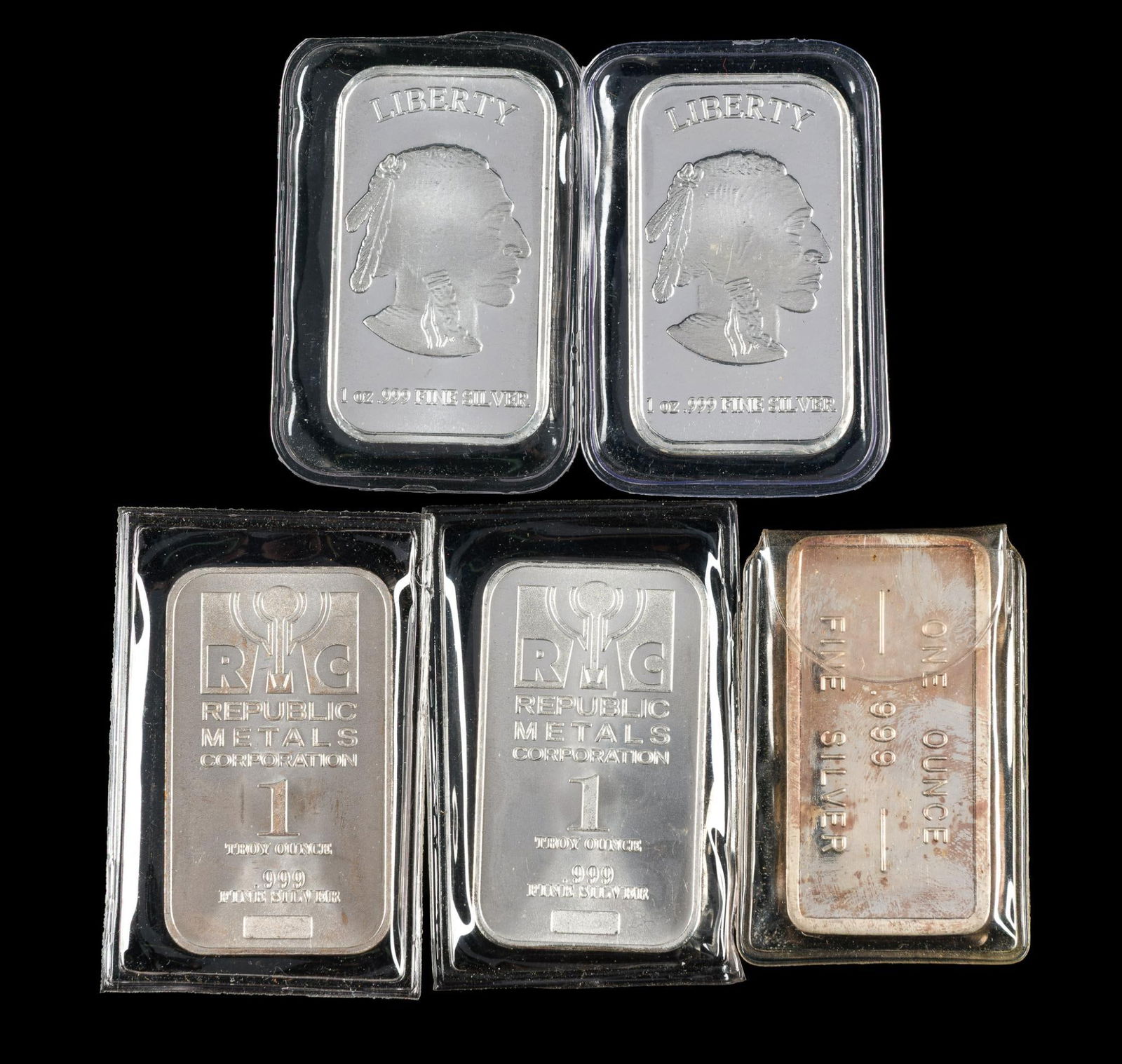 Five Silver One Ounce Bars: Indian Head, Bache, Republic Metals. Each pure silver one ounce.