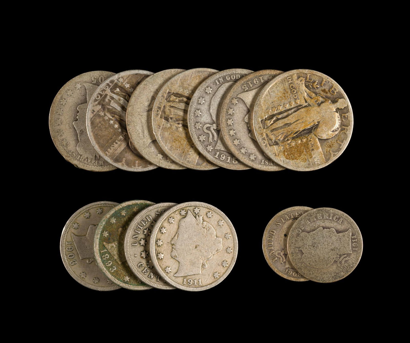 Earlier Silver Quarters and Nickels: Seven quarters include Barber and Standing Liberty. Two dimes are Barber dimes. Nickels include three V Liberty nickels and one 1868 Shield nickel. One of the Liberty nickels is 1893.