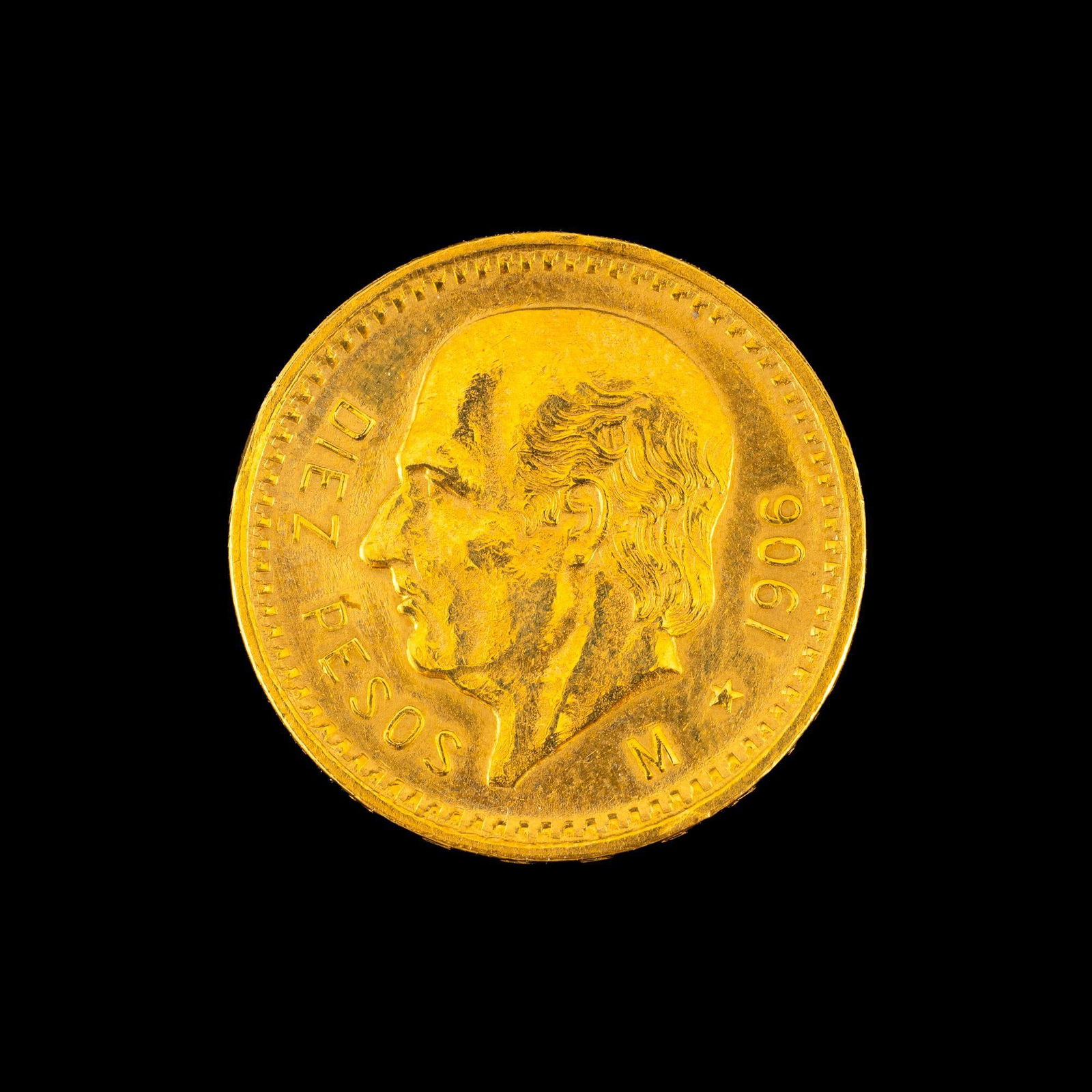 Ten Pesos Gold Coin Mexico: 1906 gold diez pesos KM# 473. AU details with some past polishing evidence.