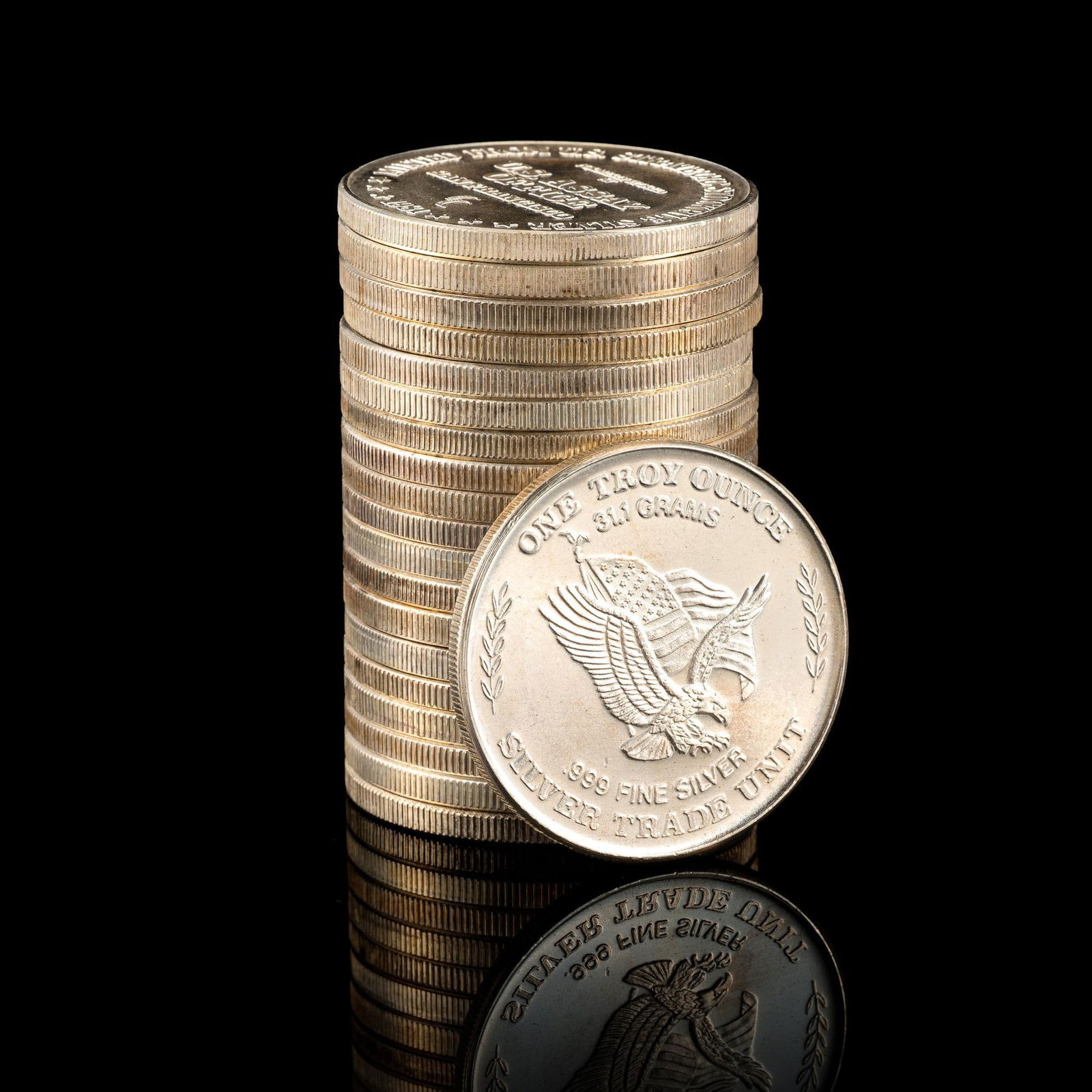 Twenty One Ounce Silver Coins: U.S. Assay Office ("Formerly Stored At") 1981 bullion pure silver coins.