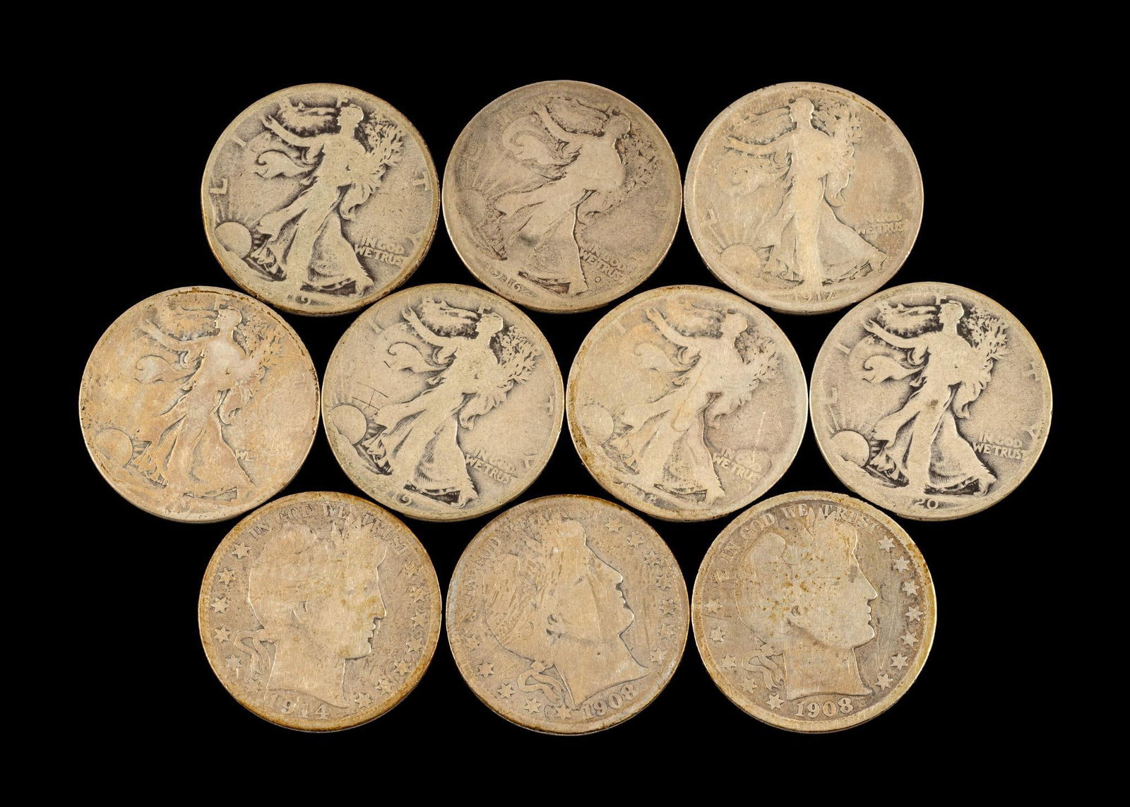 Walking Liberty And Barber Half Dollars: Ten coins. All of the Walking Liberty half dollars are from 1920 or earlier.