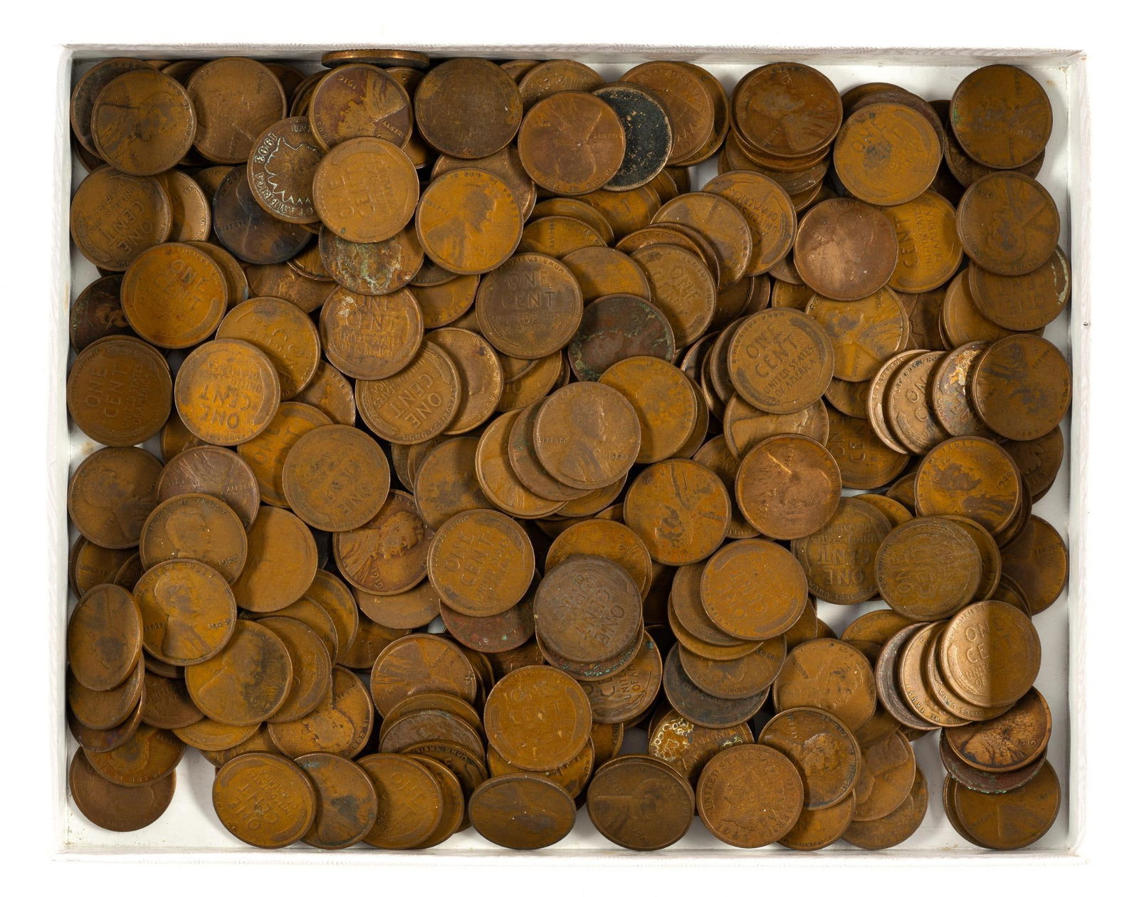 Early Wheat Cents: Approximately 280 wheat cents with a few Indian Head cents. All are earlier than 1930 and numerous S mint marks noted pre-1920.