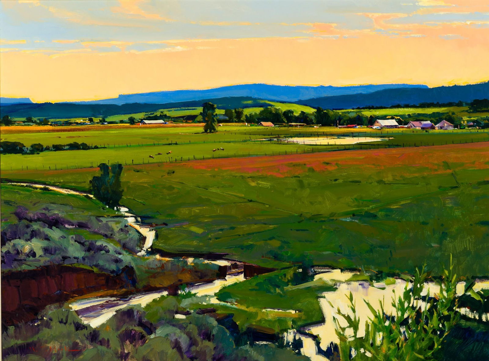 William Cather Hook Acrylic On Canvas Painting: NOT ELIGIBLE FOR IN-HOUSE SHIPPING: See Terms for Shipping Options. The painting titled Acequia is 36" X 48", 45" X 57" framed size. It is one of the larger William Hook paintings. The landscape scene