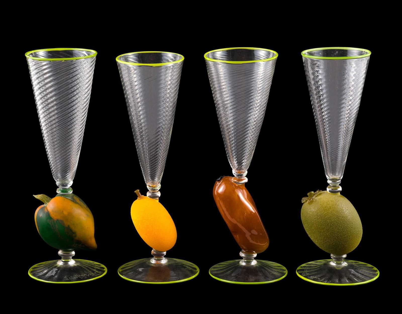 Joey Kirkpatrick & Flora Mace Fruit Goblets: A set of four fruit goblets Krikpatrick & Mace 1993. Height of each is 8 1/4". They are signed and dated to the base. They have no damage.