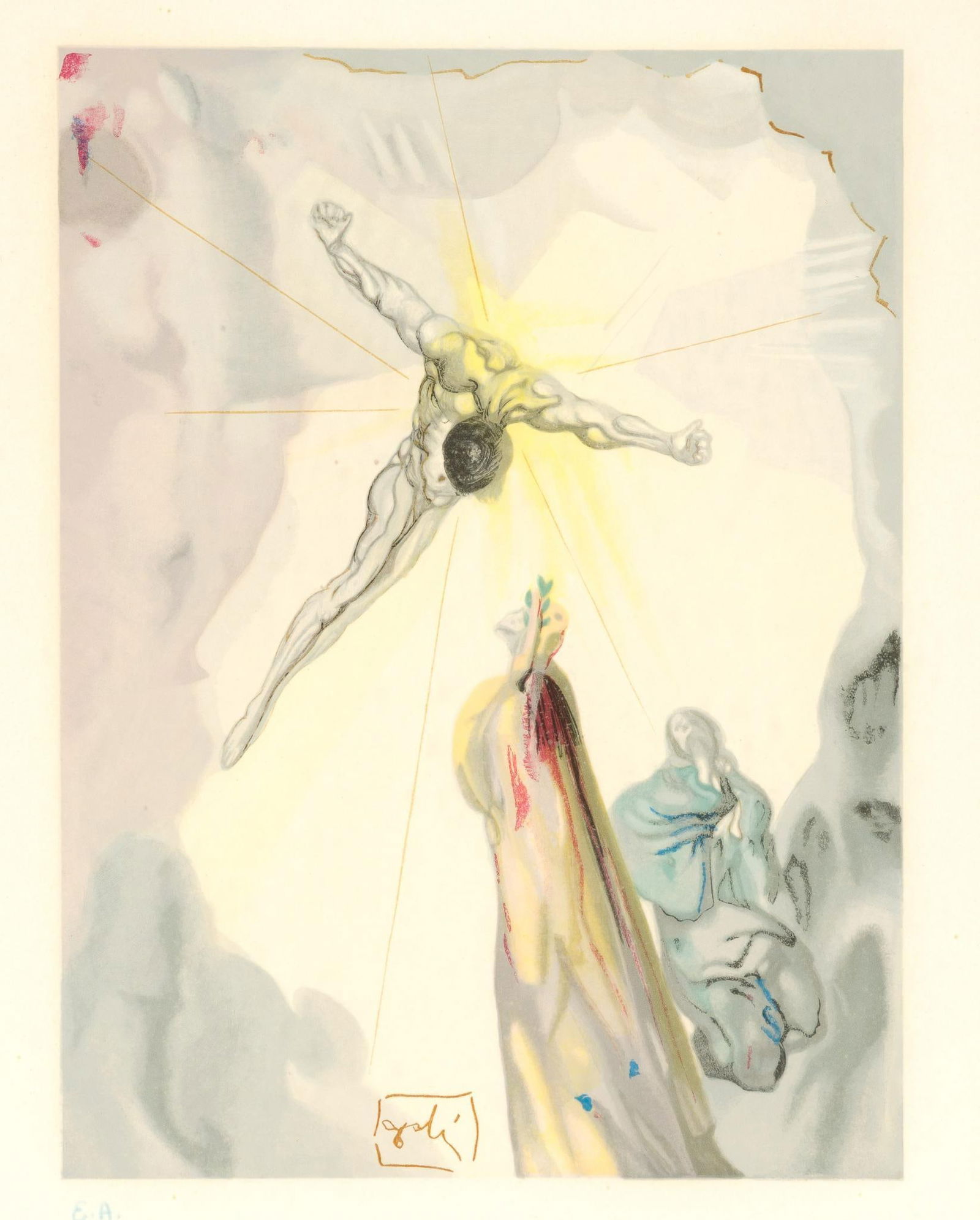 Salvador Dali Woodblock Print Canto 13: NOT ELIGIBLE FOR IN-HOUSE SHIPPING: See Terms for Shipping Options. An artist's proof woodblock print from The Divine Comedy Series. Heaven Canto 13 Apparition Of Christ. 12" X 9" print, 20" X 17" fra