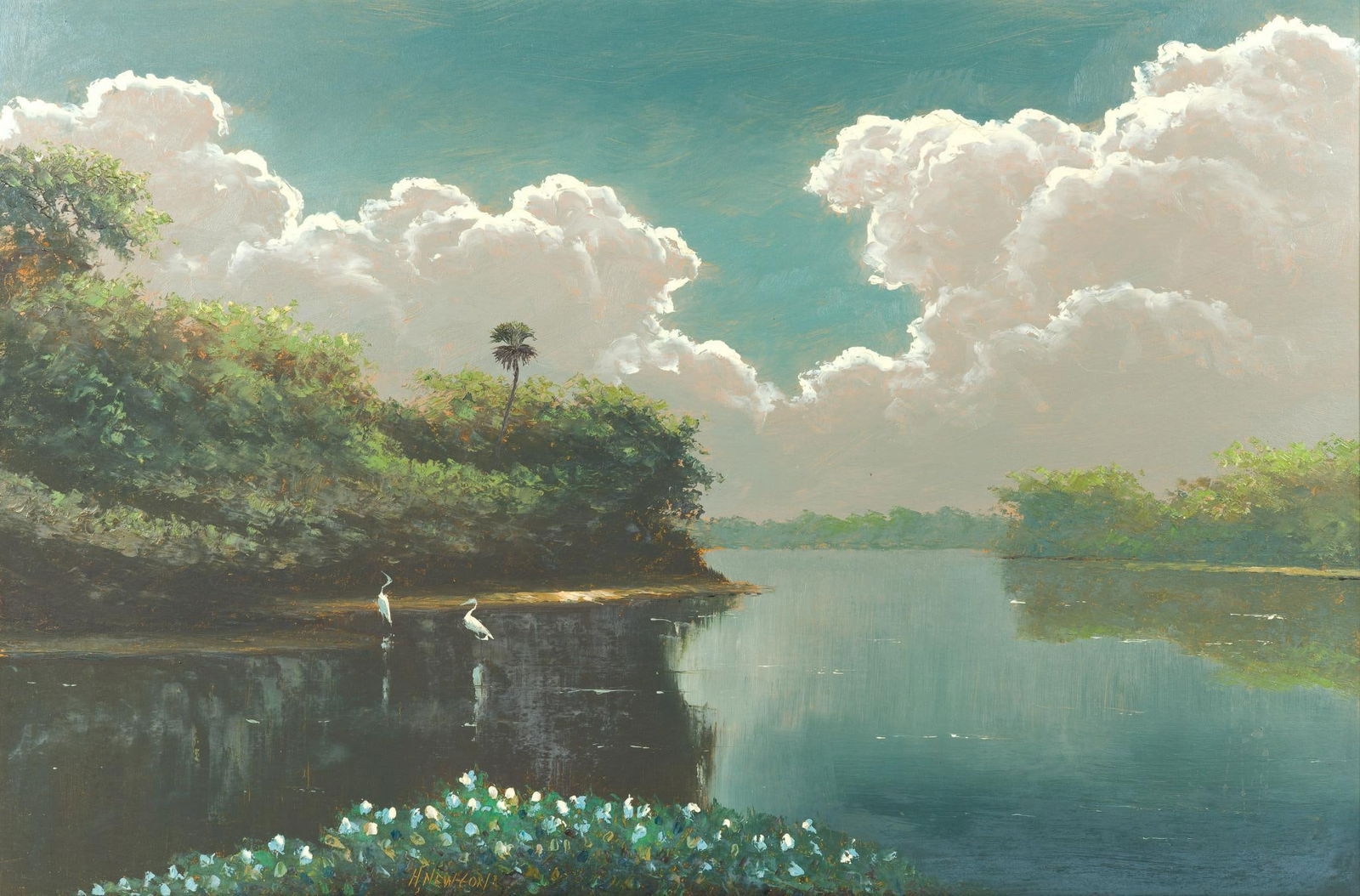 Oil On Board Painting Harold Newton Florida Highwaymen: NOT ELIGIBLE FOR IN-HOUSE SHIPPING: See Terms for Shipping Options. A Florida estuary landscape painting by Harold Newton, signed lower center. Newton was one of the original Highwaymen, a Florida bas