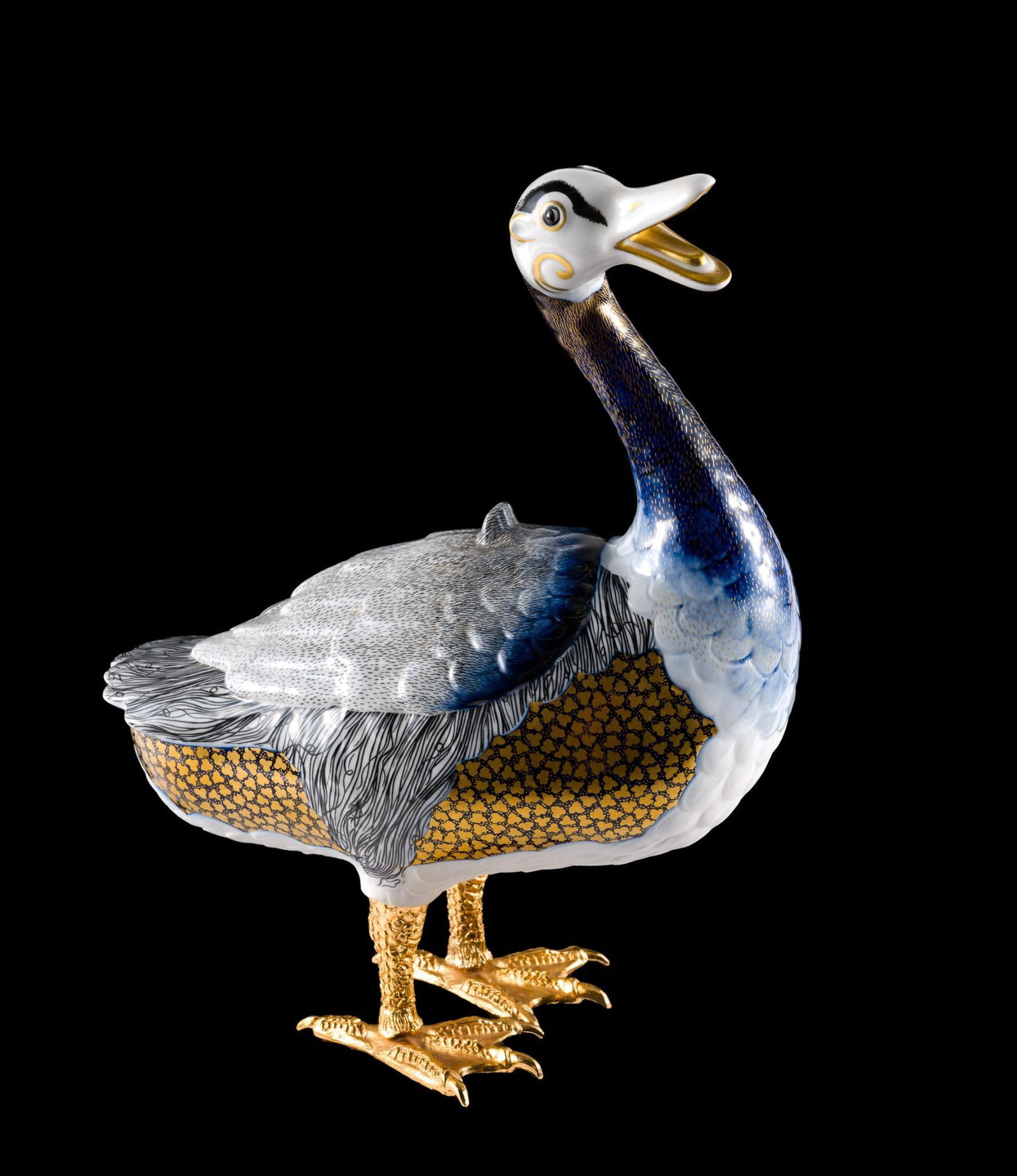 Blue & Gold Porcelain Duck in Style of Herend (1 of 3)