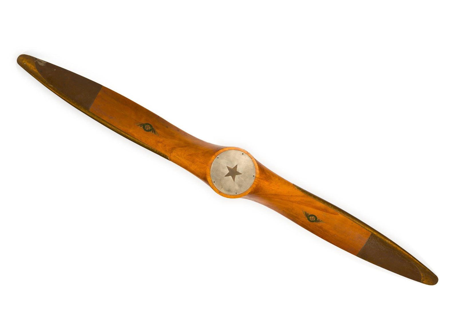 WWII-Era Sensenich Bros, Lititz, PA Propeller: NOT ELIGIBLE FOR IN-HOUSE SHIPPING: See Terms for Shipping Options.With manufacturing mark and star on center of propeller. 9-1/4" wide x 86-1/2" long.