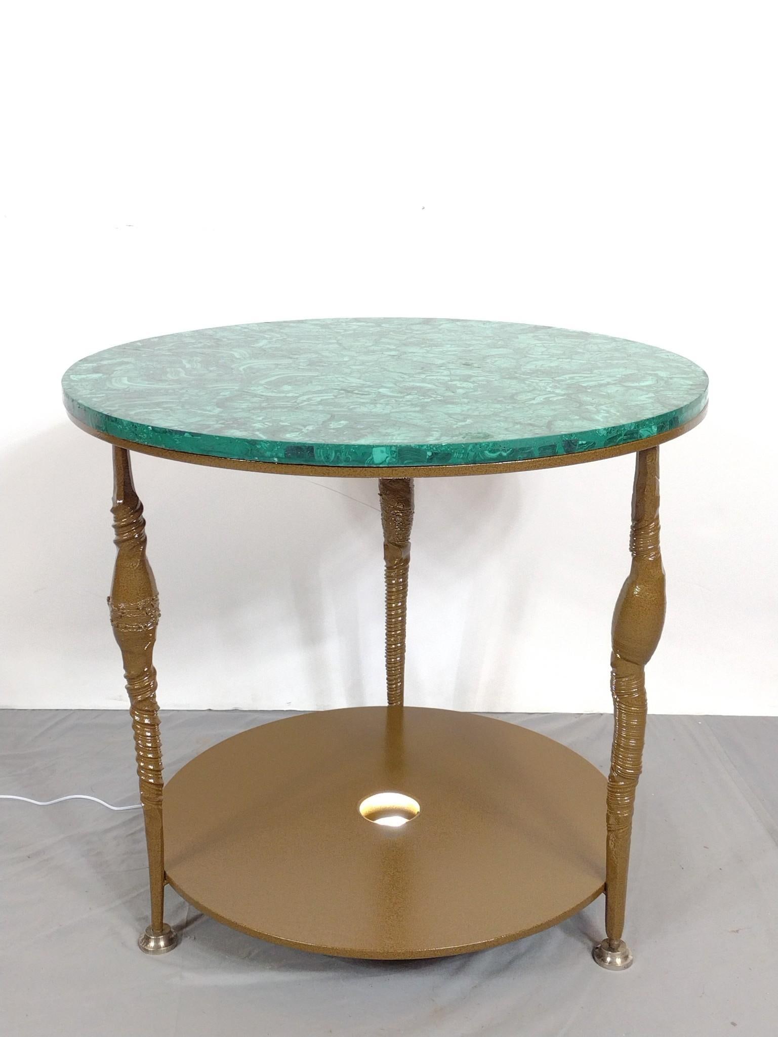 Marble Top w/ Inlaid Malachite Steel Table By James Cavagnaro: NOT ELIGIBLE FOR IN-HOUSE SHIPPING: See Terms for Shipping Options. 24" diameter X 22" high. ARTIST STATEMENT: James Emmanuel Cavagnaro, G.G., is a lifelong artist whose six-decade journey spans jewel