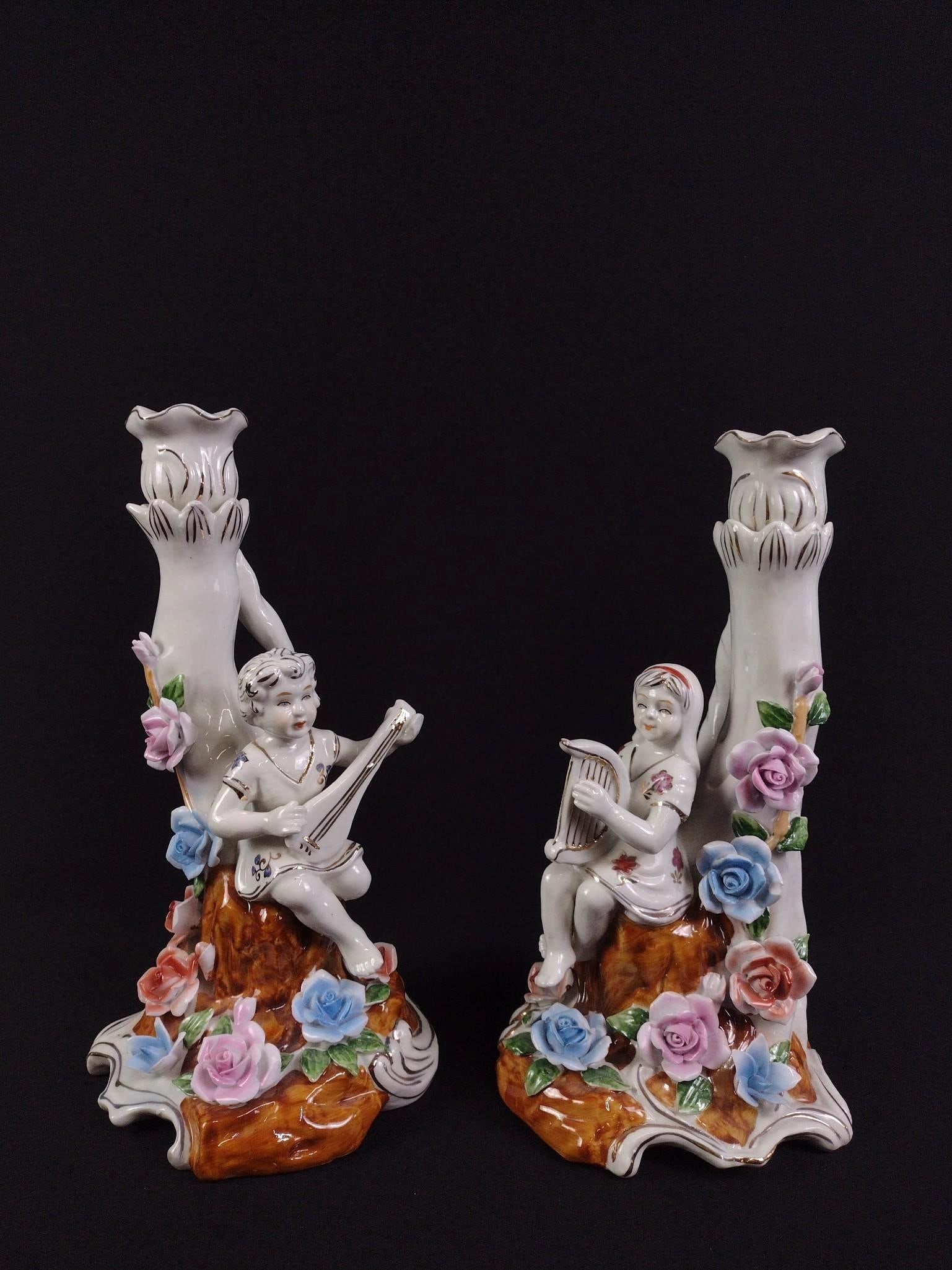 Pair of Dresden Style Figural Porcelain Candlesticks (1 of 4)