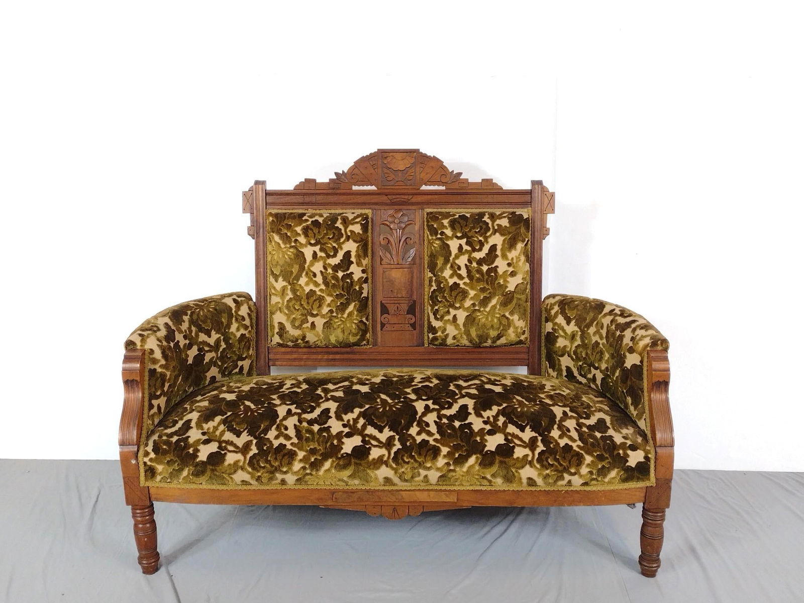 Victorian Settee: NOT ELIGIBLE FOR IN-HOUSE SHIPPING: See Terms for Shipping Options. 54" wide X 21" deep X 40" high. Has wear consistent with age.