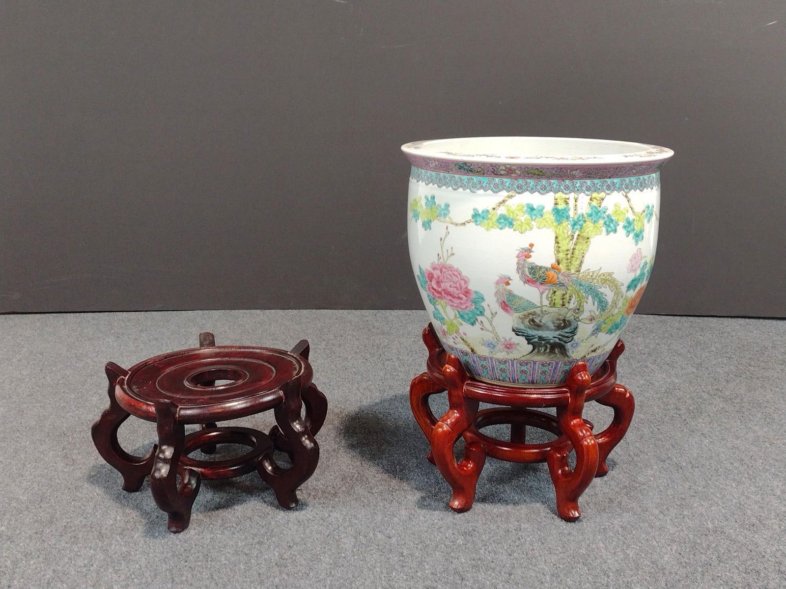 Asian Planter W/ 2 Stands: NOT ELIGIBLE FOR IN-HOUSE SHIPPING: See Terms for Shipping Options. Planter 14-1/2" diameter X 12-1/2" high.