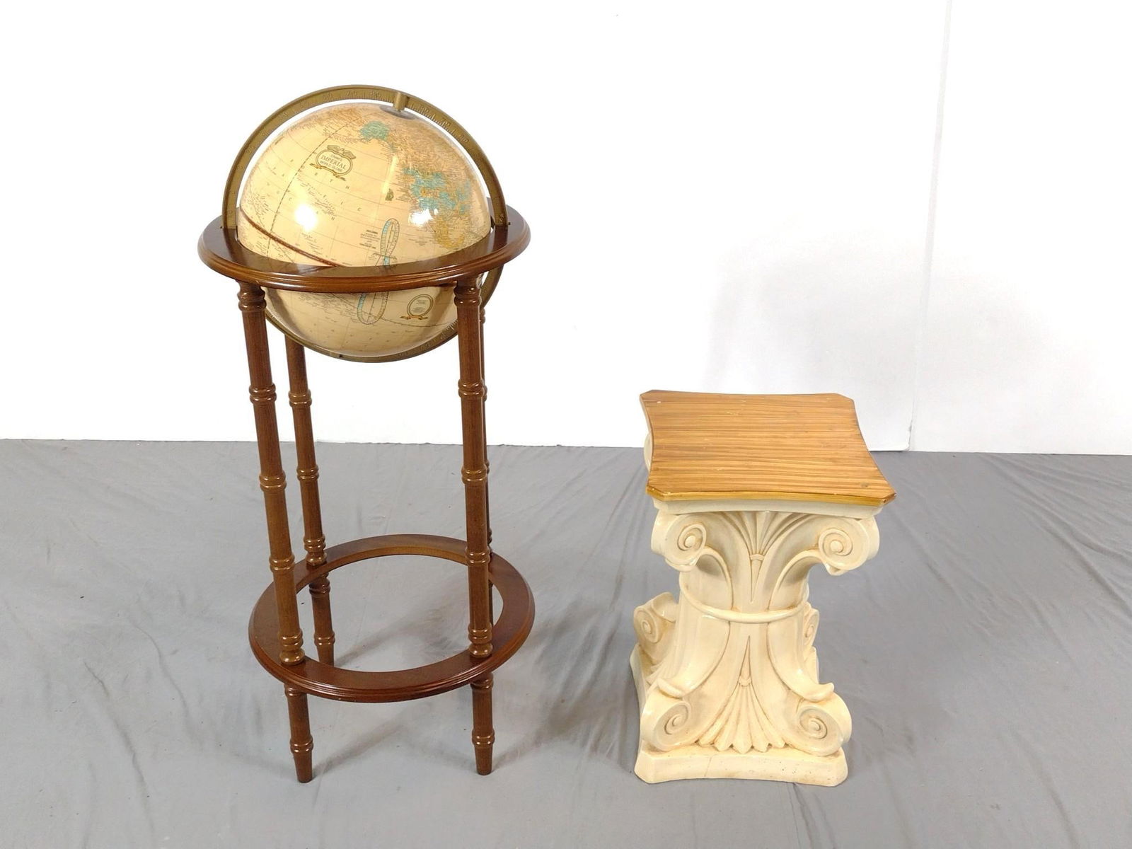 Cram's Imperial Globe & Pedestal: NOT ELIGIBLE FOR IN-HOUSE SHIPPING: See Terms for Shipping Options. Globe 15-1/2" diameter X 37" high. Pedestal 12" wide X 12" deep X 18-1/4" high. Pedestal has some chips and scratches.
