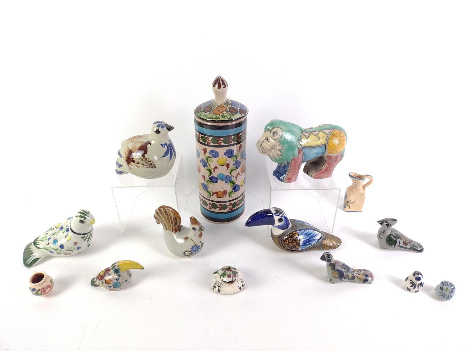 14 Pcs Mexican Pottery incl. Tonala: 1" to 4" wide x 1-1/4" to 13-1/4" high.