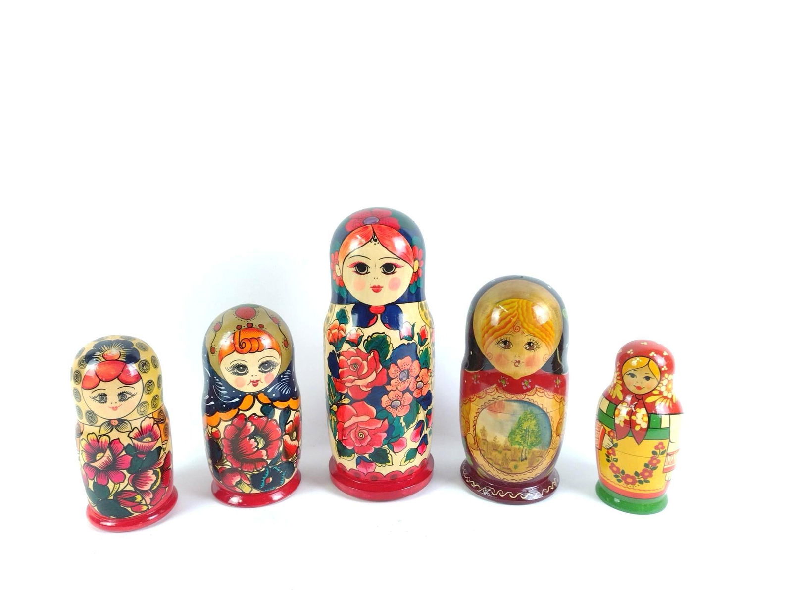 5 Vintage Russian & German Large Nesting Dolls: All figures. Some signed. 8" to 14" overall.