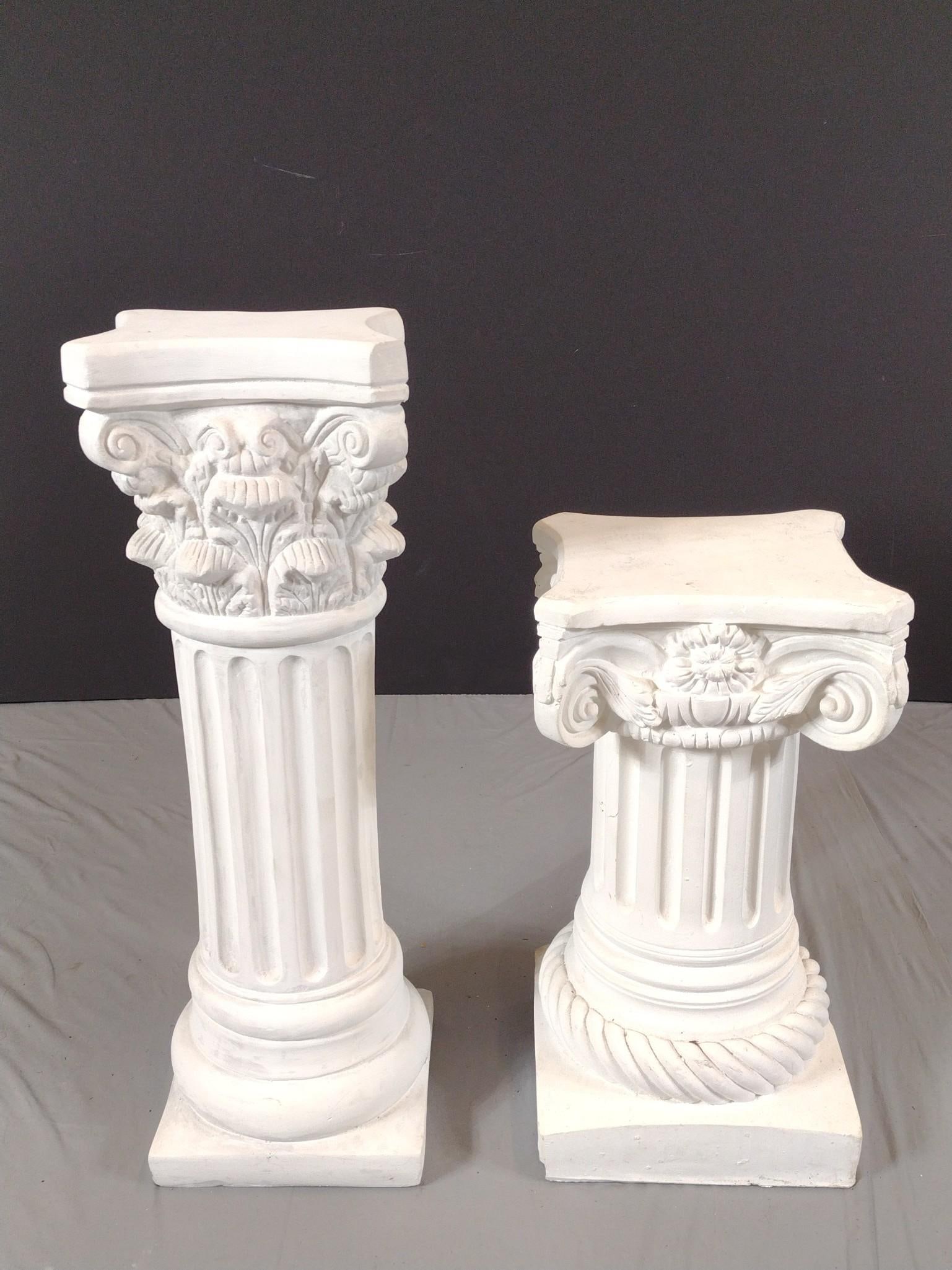 2 Plaster Columns: NOT ELIGIBLE FOR IN-HOUSE SHIPPING: See Terms for Shipping Options. Large 9" wide X 9" deep X 28" high. Small 10-1/2" wide X 10-1/2" deep X 20" high.