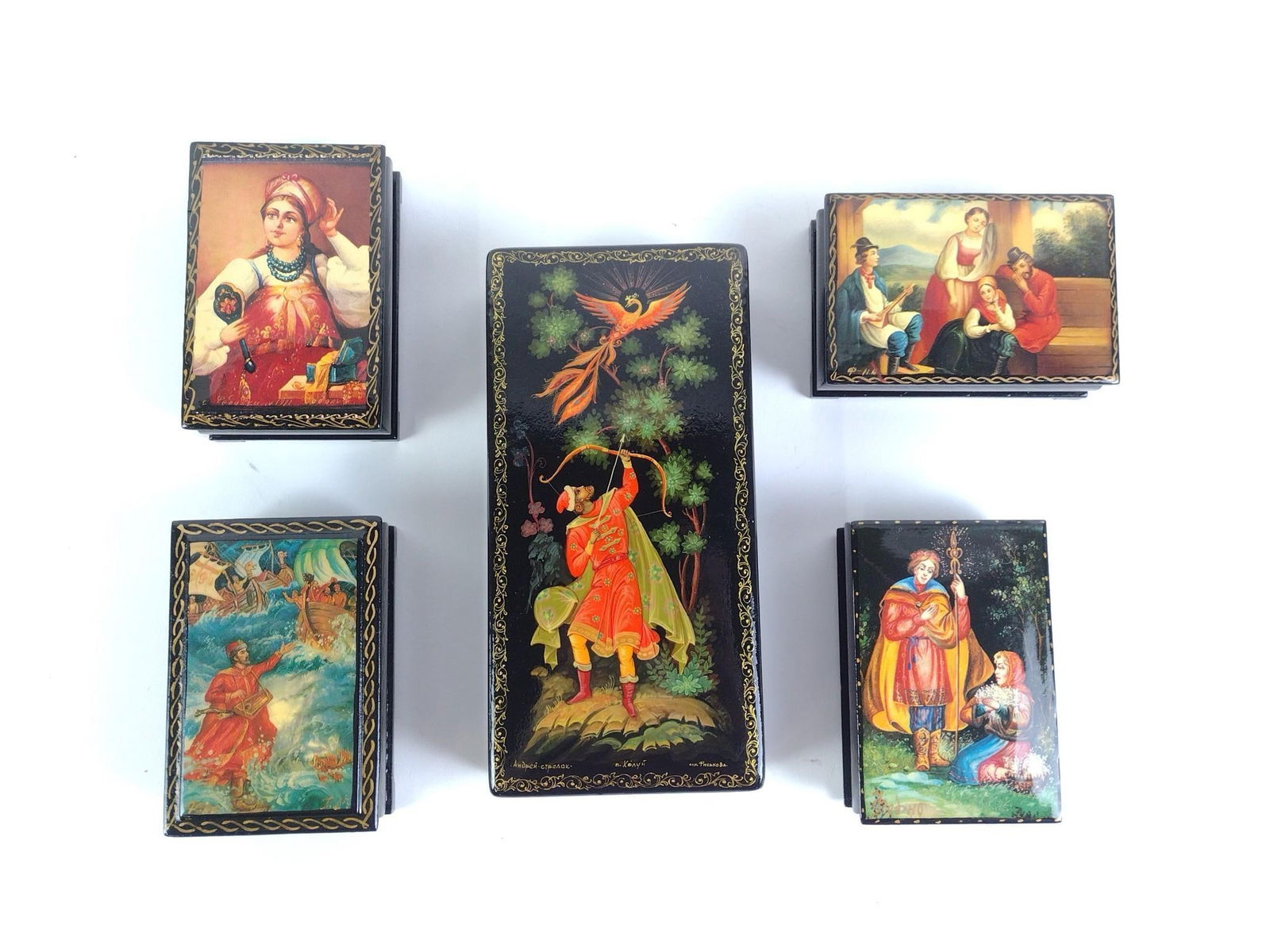 5 Russian & East European Lacquer Boxes: All marked and signed. One has slip inside with details. 1-1/4 x 3-1/2" to 6-1/2" x 2" overall.