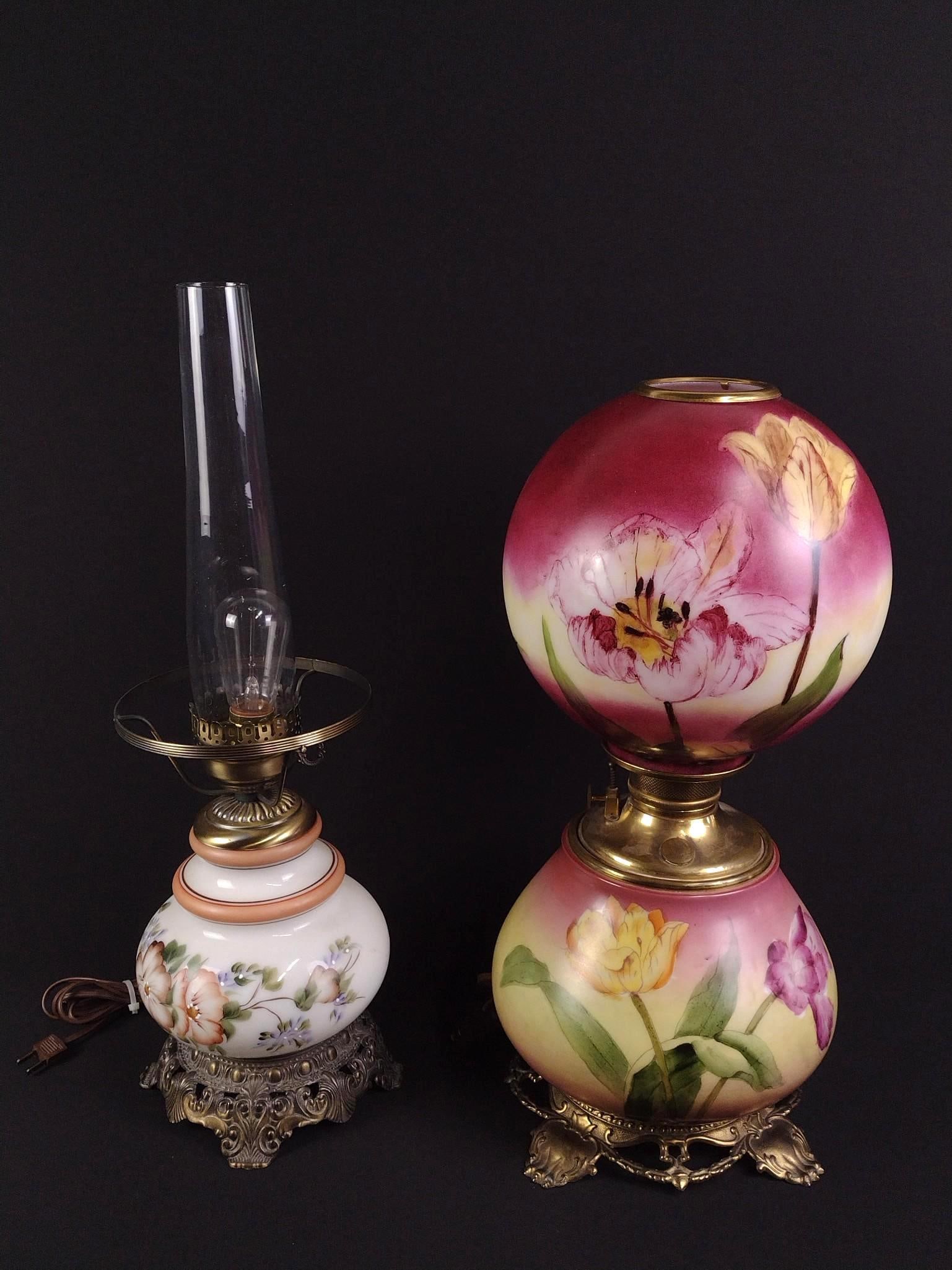 2 Antique Table Lamps incl GWTW: NOT ELIGIBLE FOR IN-HOUSE SHIPPING: See Terms for Shipping Options. One without shade. 13-3/4" to 25" high.