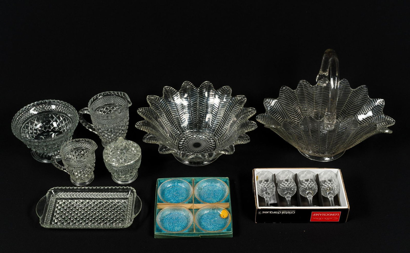 Antique & Vintage Glassware incl. L.E. Smith: Also includes Anchor Hocking Wexford, and more. 3-1/2" to 14" wide x 3/4" to 10-1/2" high.