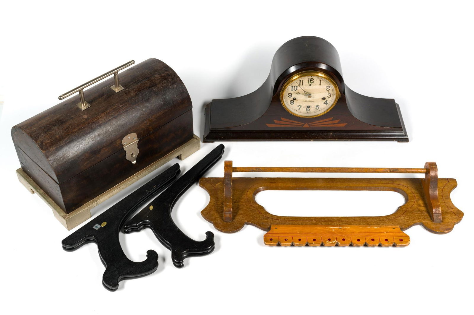 5 Decorative Items incl. Mantle Clock: New Haven mantle clock, shelf, stands, and decorative box. 8" to 25" wide x 9-1/2" to 14-1/4" long.