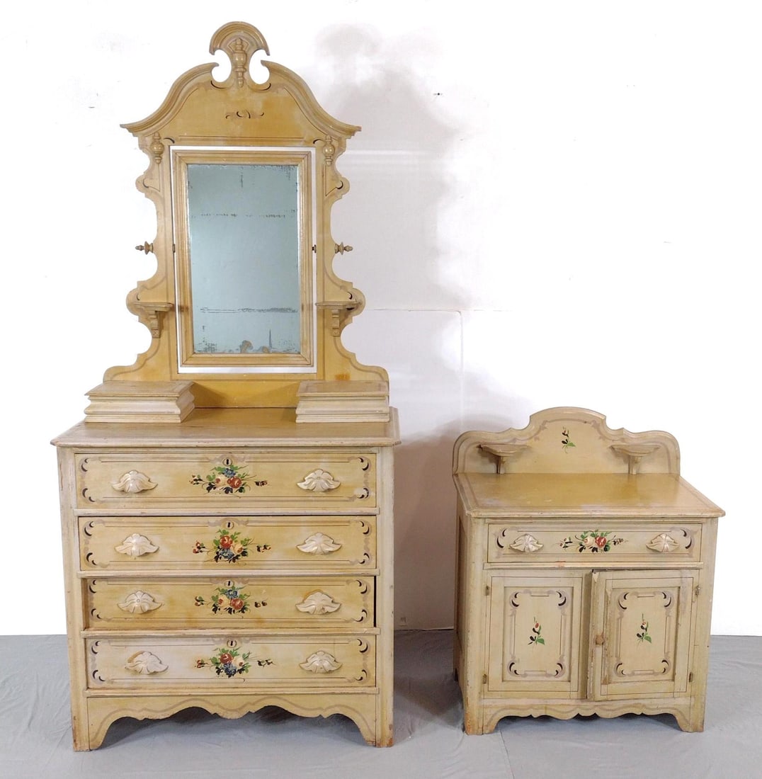 Stencil Painted Dresser & Wash Stand: NOT ELIGIBLE FOR IN-HOUSE SHIPPING: See Terms for Shipping Options. Dresser 38-1/2" wide X 17-3/4" deep X 83-1/2" high. Wash Stand 30-1/4" wide X 16-1/4" deep X 37" high. Both have scratches and areas