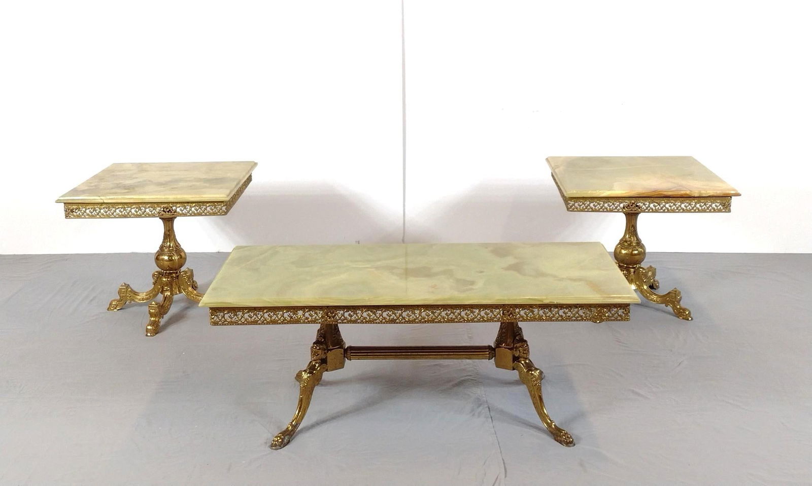 Marble Top Coffee Table & End Tables: NOT ELIGIBLE FOR IN-HOUSE SHIPPING: See Terms for Shipping Options. Coffee Table 46" wide X 19-1/4" deep X 17" high. End tables 23-1/2" wide X 23-1/2" deep X 20-1/4" high.