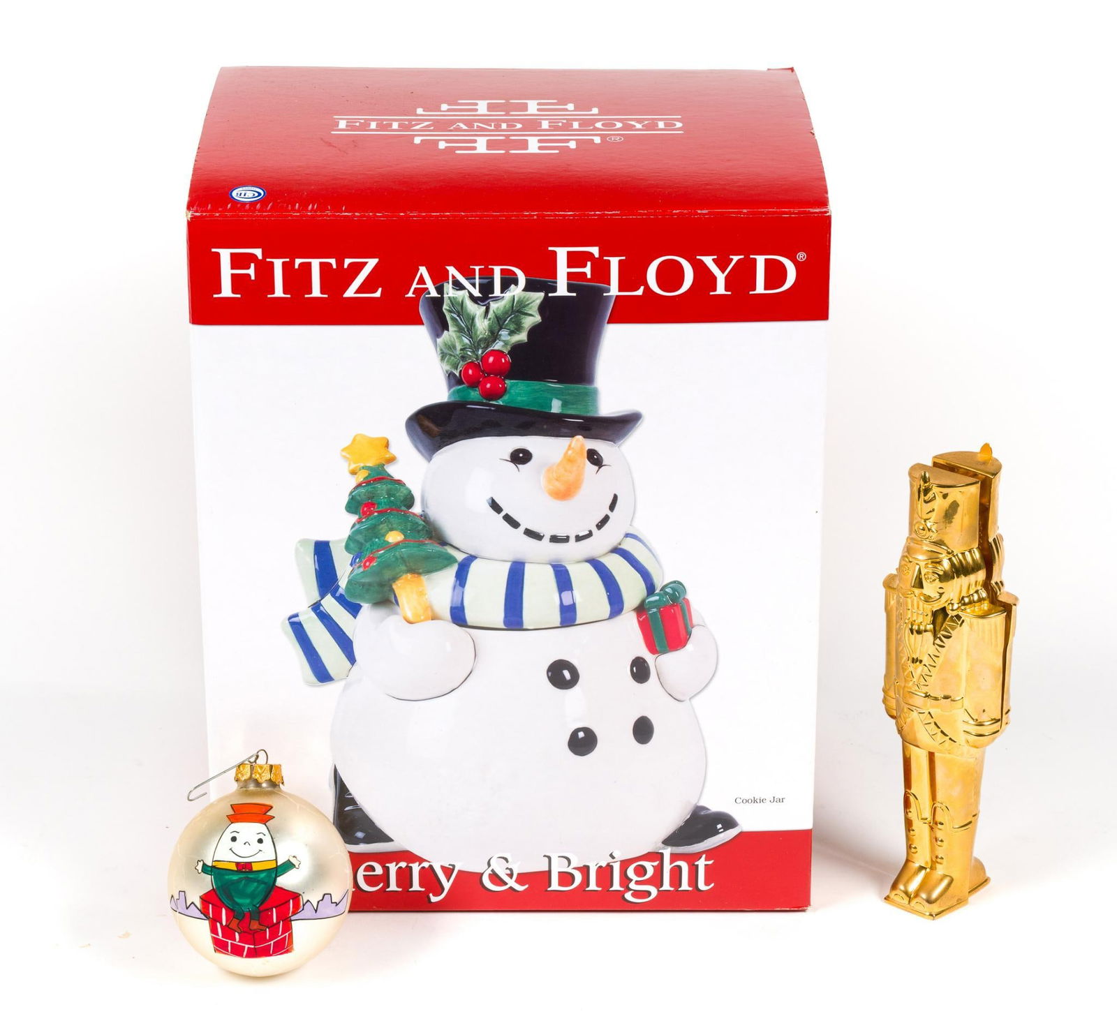 3 Christmas Decorations incl. Fitz and Floyd Cookie Jar: Also includes nutcracker and Christmas ball. Cookie jar in original box. Cookie jar box measures 10-1/2" wide x 13" high.