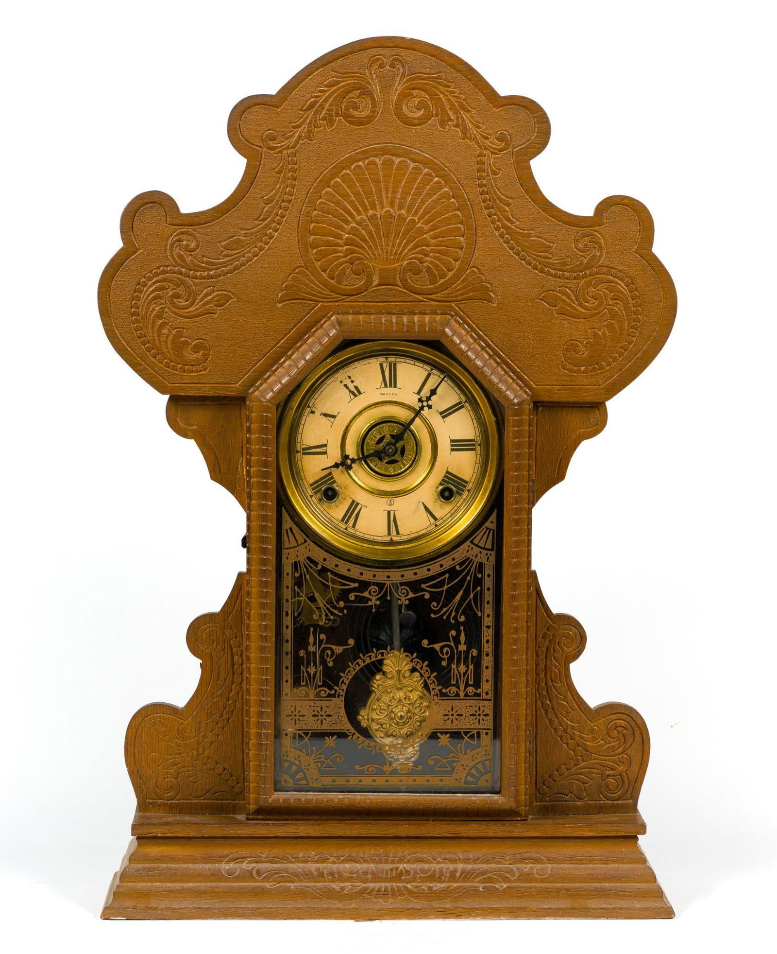 Gingerbread Shelf Clock: Most likely E. Ingraham. 15-1/2" wide x 24" high. Not currently running.