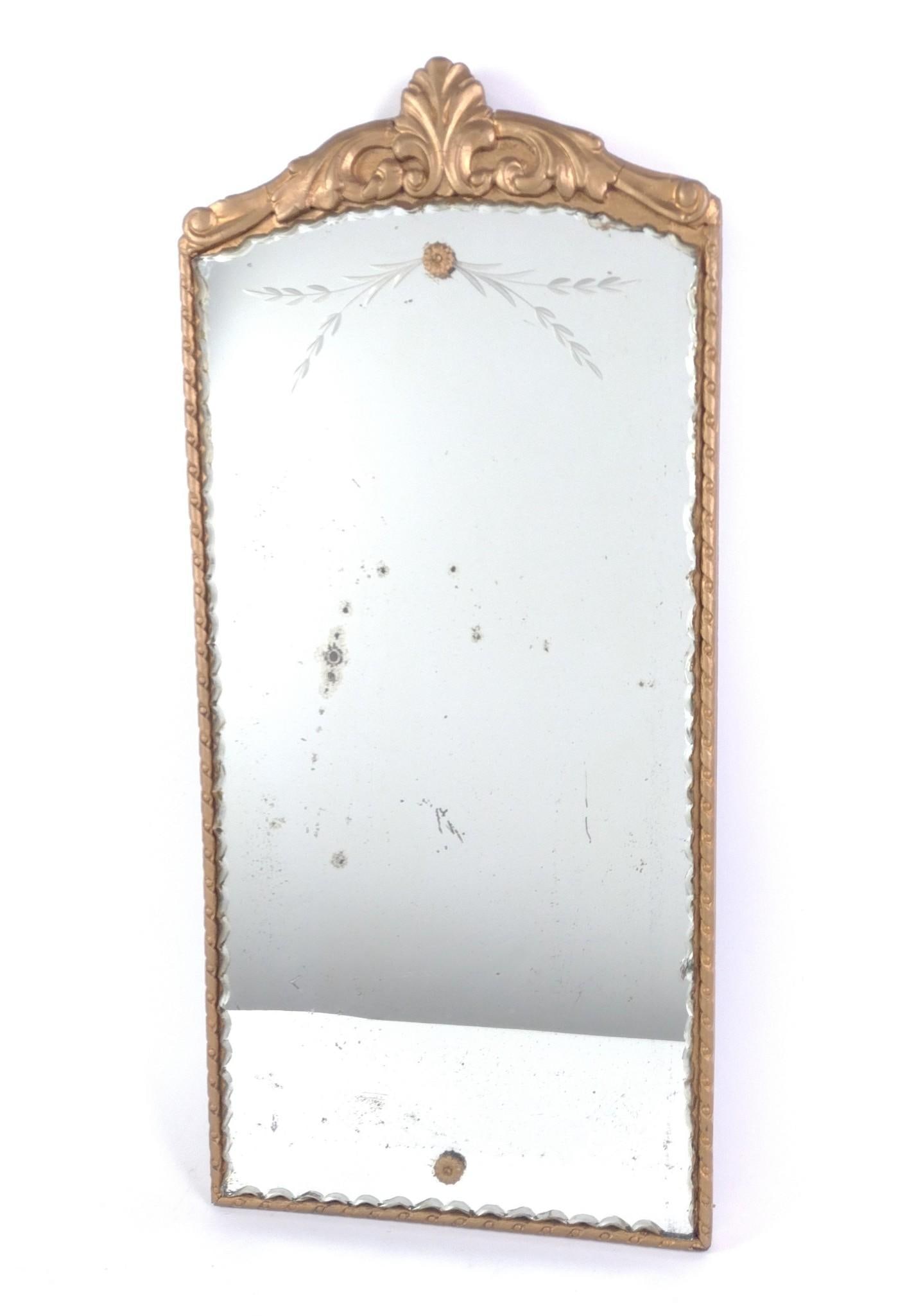 Antique Wall Mirror: NOT ELIGIBLE FOR IN-HOUSE SHIPPING: See Terms for Shipping Options. 13" wide x 27-1/4" long.