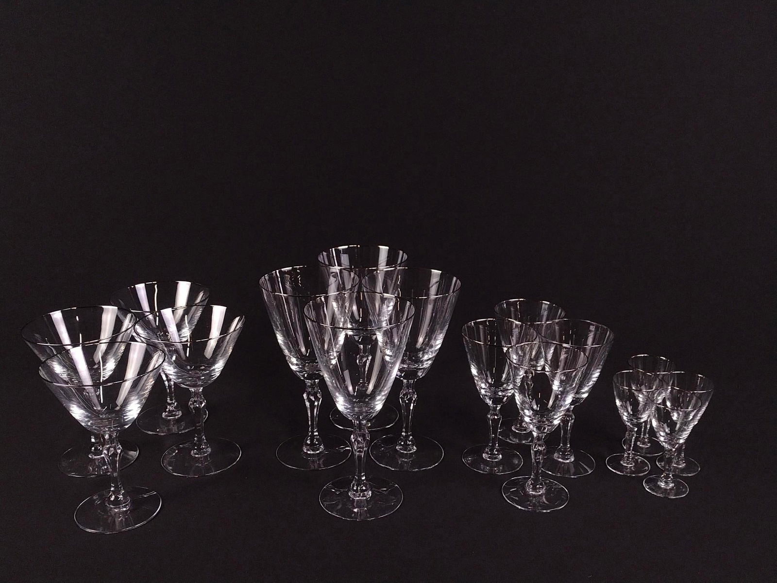 16 Pcs. Fostoria Stemware: 2" to 3-3/4" wide x 3-1/2" to 7-1/4" high.