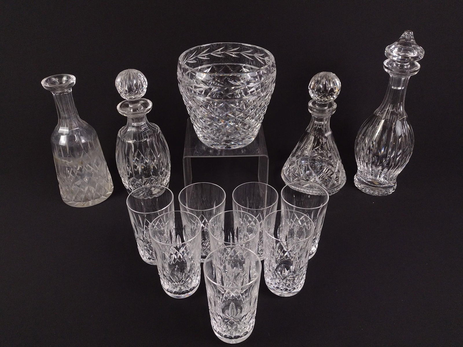 13 Pcs Cut Crystal incl. Waterford: 3" to 6-1/4" wide x 5-1/4" to 7" high.