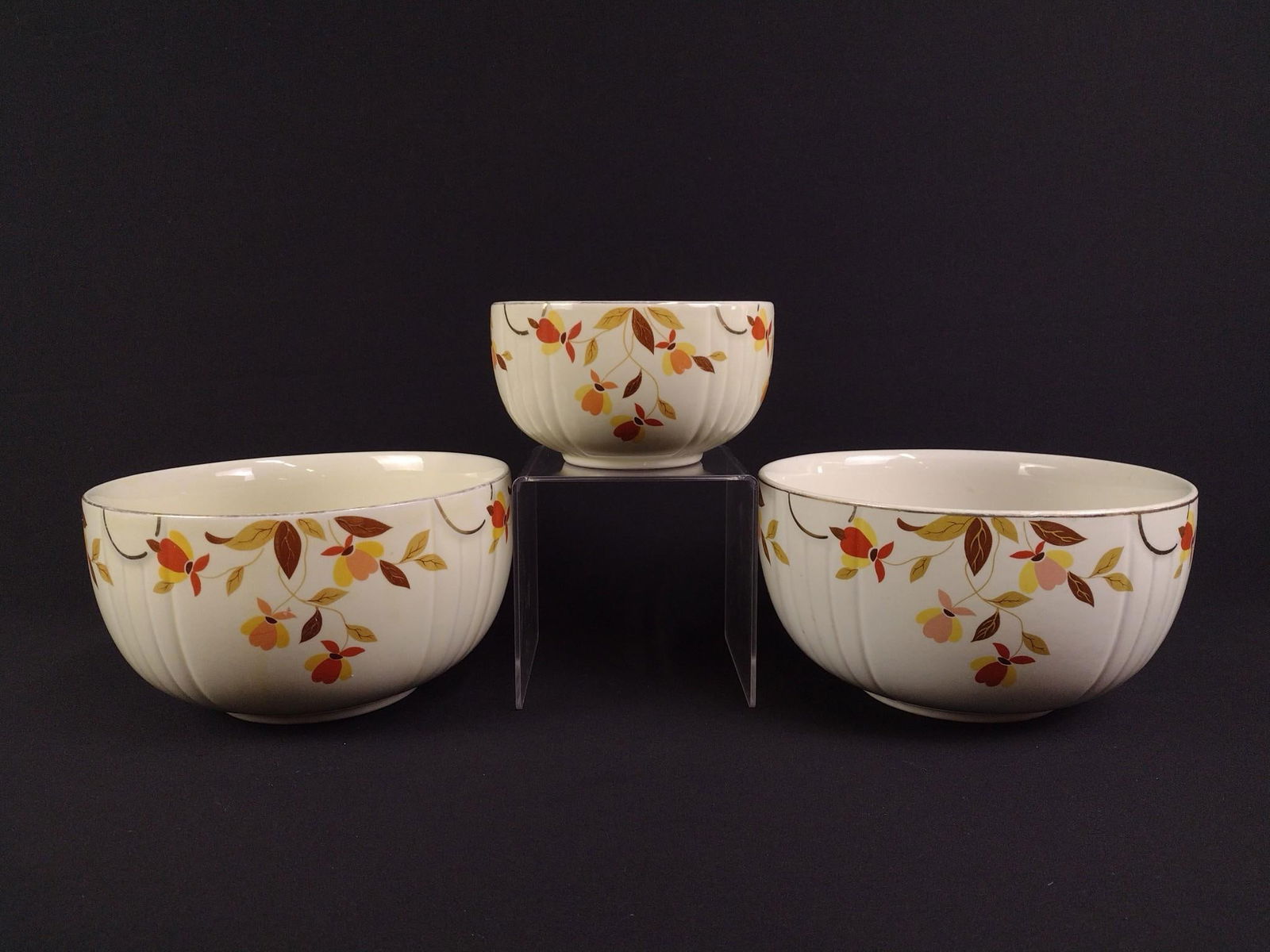 3 Hall's Superior Autumn Leaf Bowls: 6-1/4" to 9" wide x 3-1/2" to 4-3/4" high.