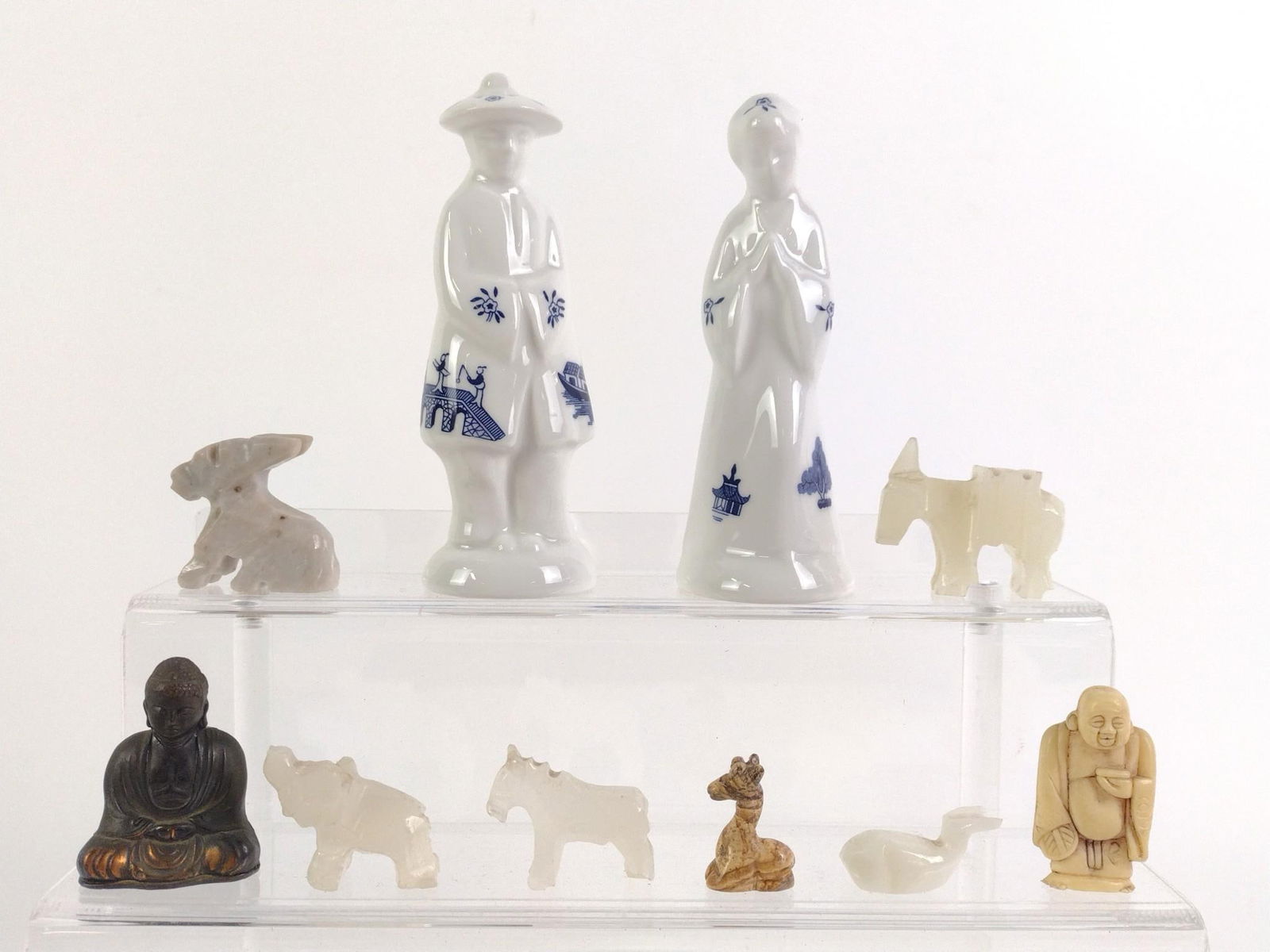 10 Figurines incl. Buddha: Also includes stone carved animals. 1/2" to 4-3/4" high.