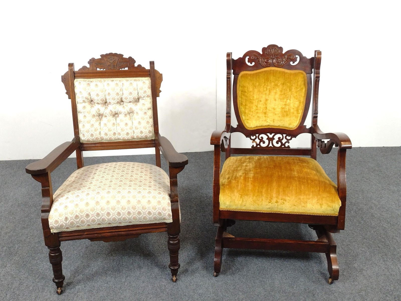 Antique Platform Rocking Chair & Arm Chair: NOT ELIGIBLE FOR IN-HOUSE SHIPPING: See Terms for Shipping Options. Platform Rocker 23" wide X 25" deep X 38-1/2" high. Arm Chair 27" wide X 21" deep X 38" high.