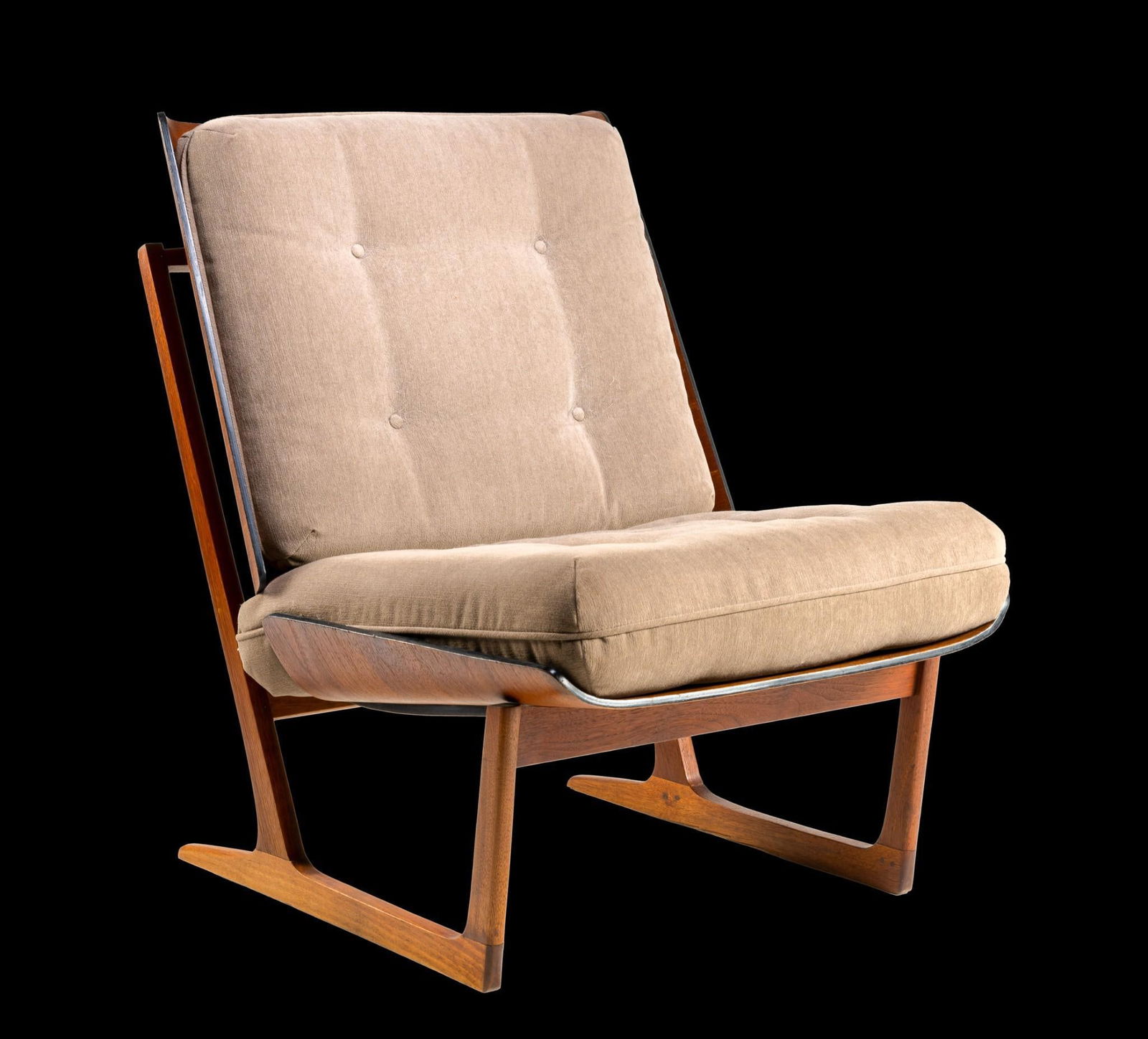 Hans Juergens / Deco House Sled Chair: NOT ELIGIBLE FOR IN-HOUSE SHIPPING: See Terms for Shipping Options. Circa 1964. Purchased from Circa Antiques, New York. Appears unsigned. Attributed to Hans Juergens or Grete Jalk. 26" wide X 31" dee