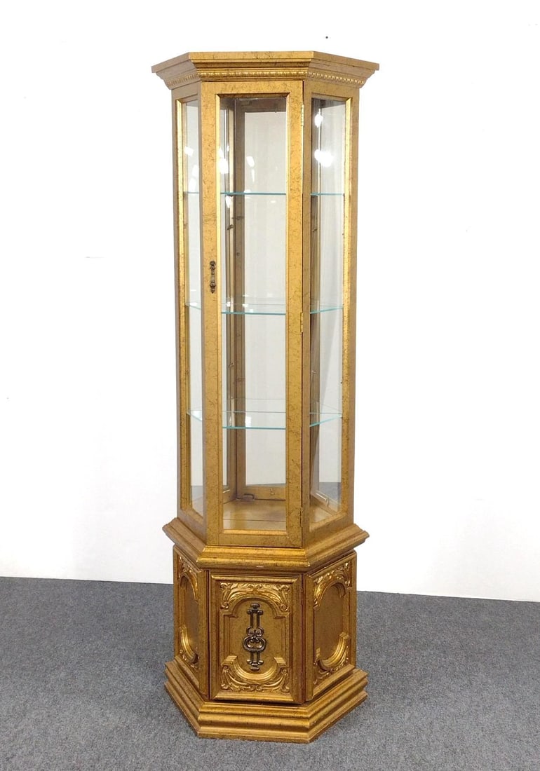 Gold Painted Curio: NOT ELIGIBLE FOR IN-HOUSE SHIPPING: See Terms for Shipping Options. 24-1/2" wide X 11" deep X 72" high.